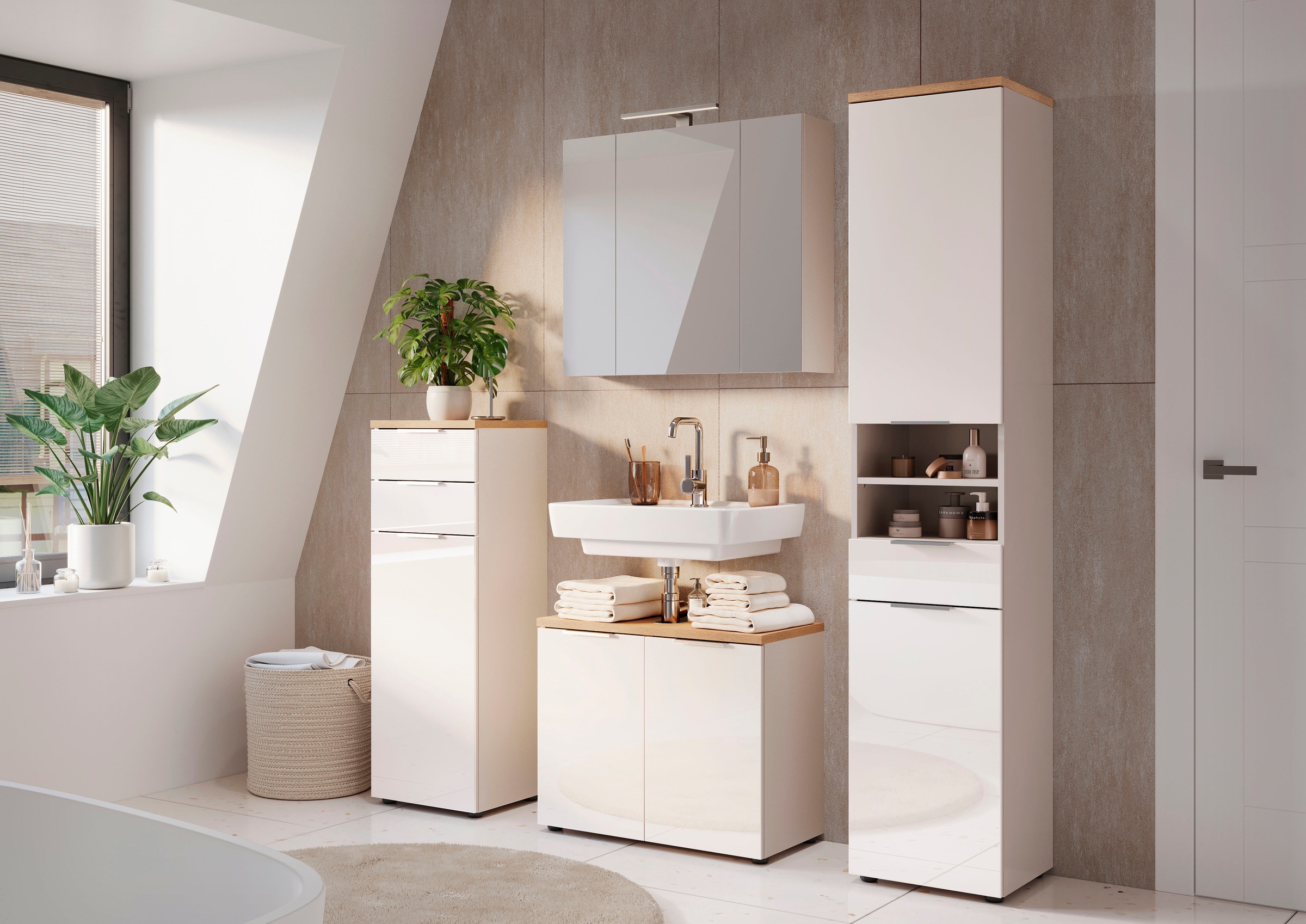 GERMANIA Waschbeckenunterschrank "Tavira" 1 Stk. tlg. Waschbeckenunterschrank mit Glasfronten und Siphonausschnitt