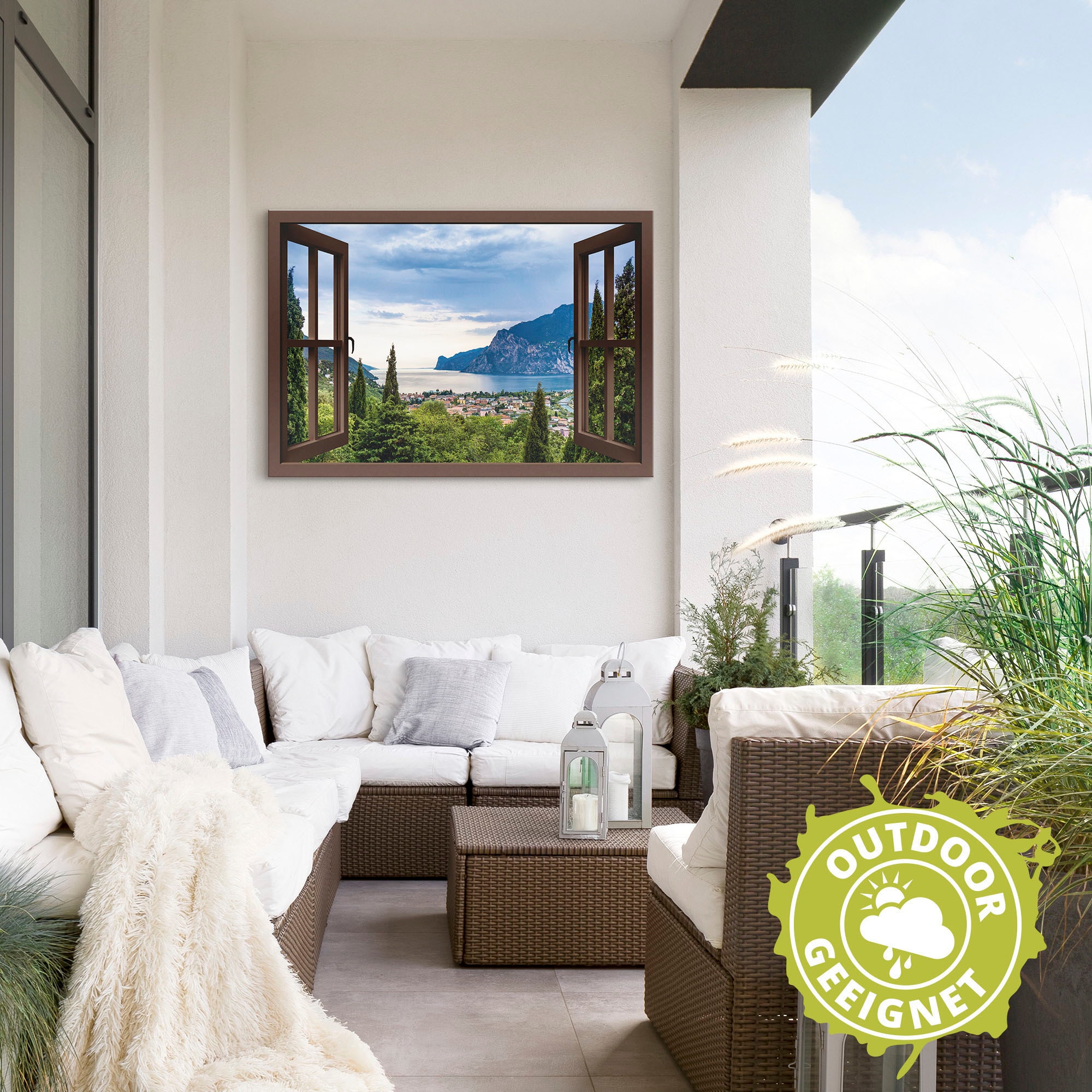 Artland Wandbild »Gardasee durchs braune Fenster«, Seebilder, (1 St.), als Alubild, Outdoorbild, Leinwandbild, Poster in verschied. Größen