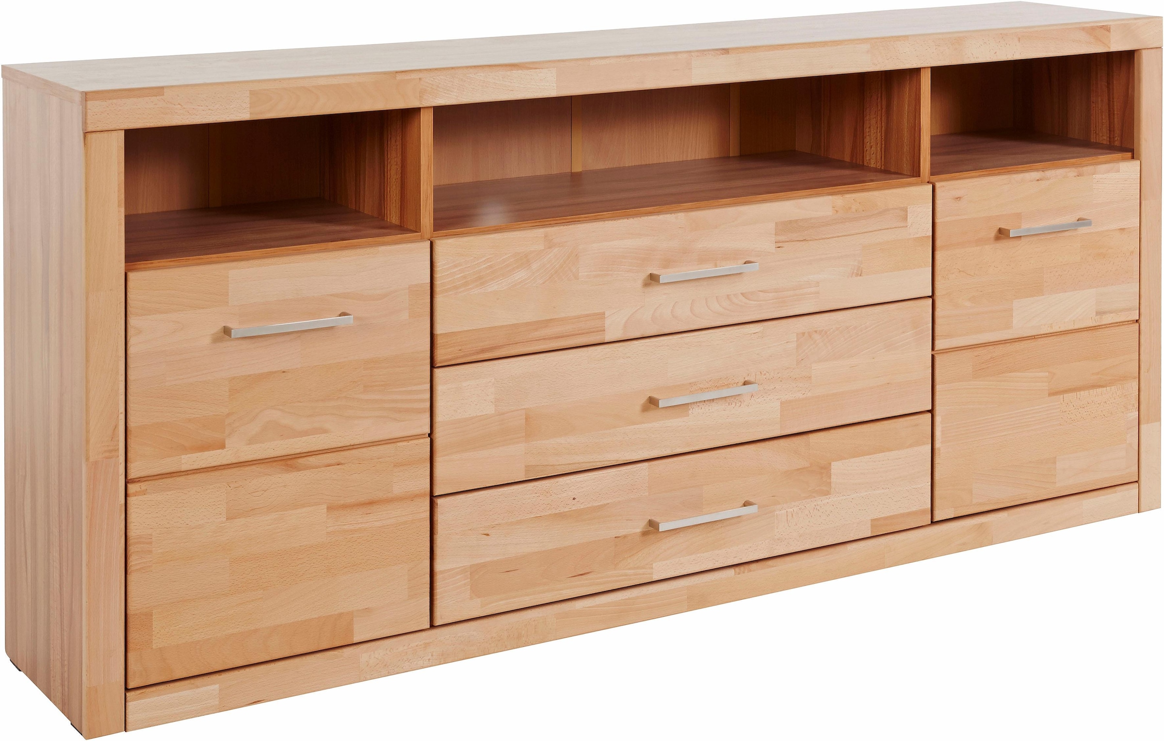 Home affaire Sideboard »Ribe,180cm breit, Fronten Massivholz,7 Fächer«, Holz massiv, Holzwerkstoff, Metall Griffe,2Türen,3Schubladen