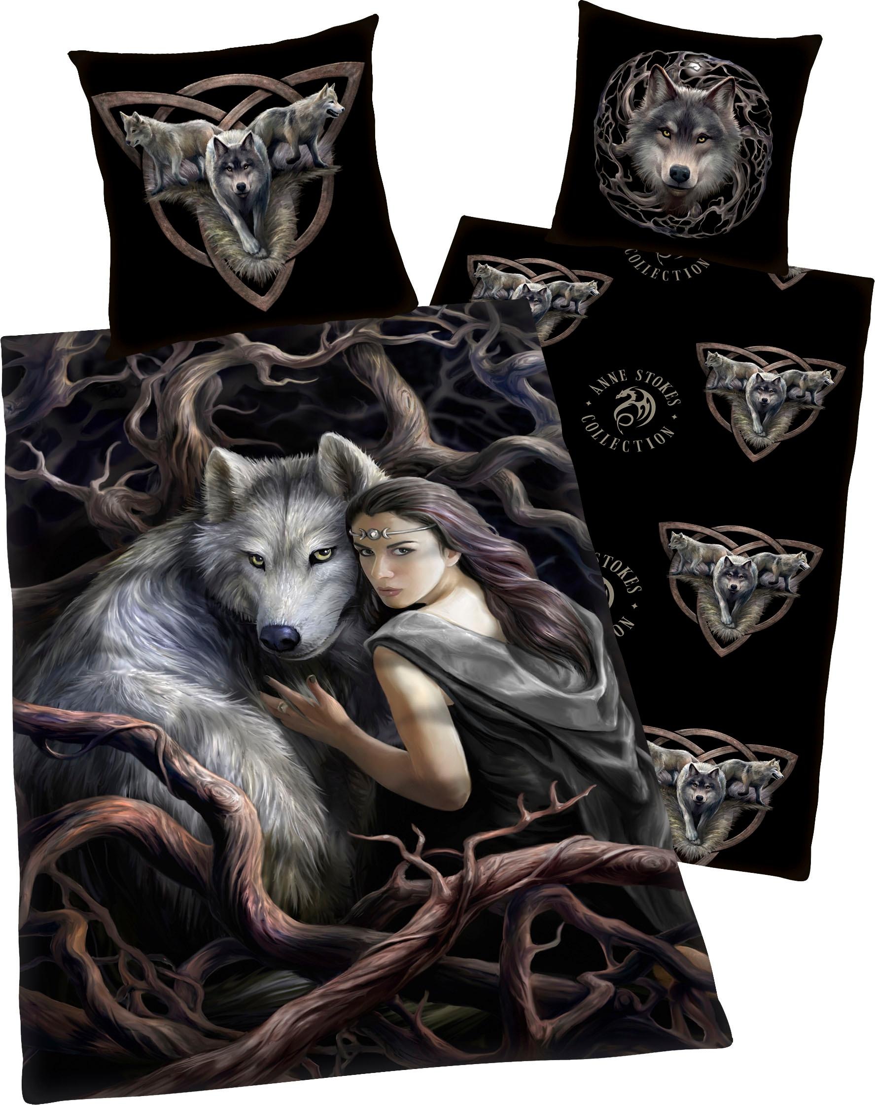 Anne Stokes Kinderbettwäsche "Anne Stokes", mit Wolf und Frau