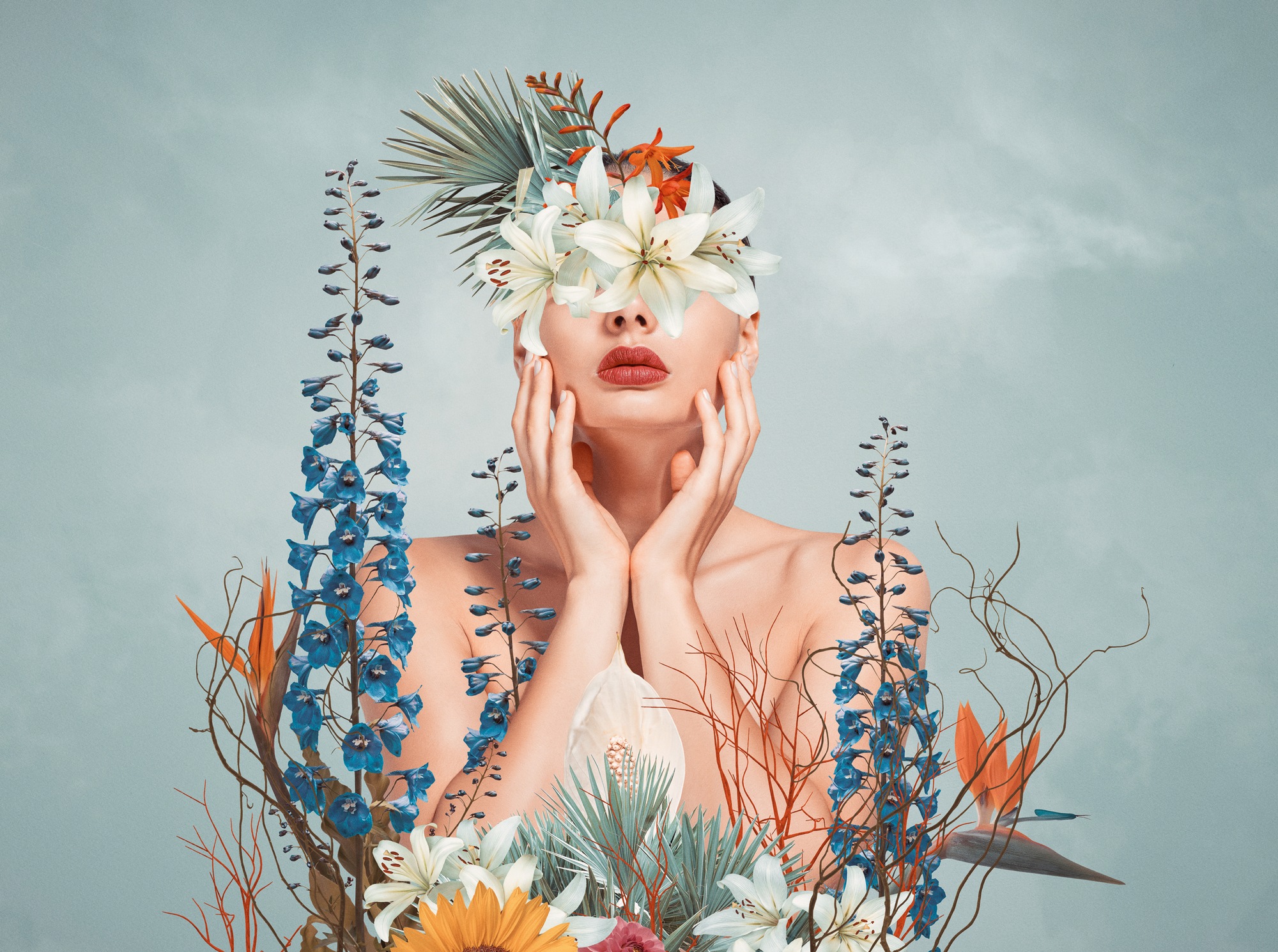 living walls Fototapete »THE WALL III Tapete mit Frau Motivtapete Floral Kunst«, matt, Vliestapete Blumen für Schlafzimmer Küche Wohnzimmer Frau Design Flur