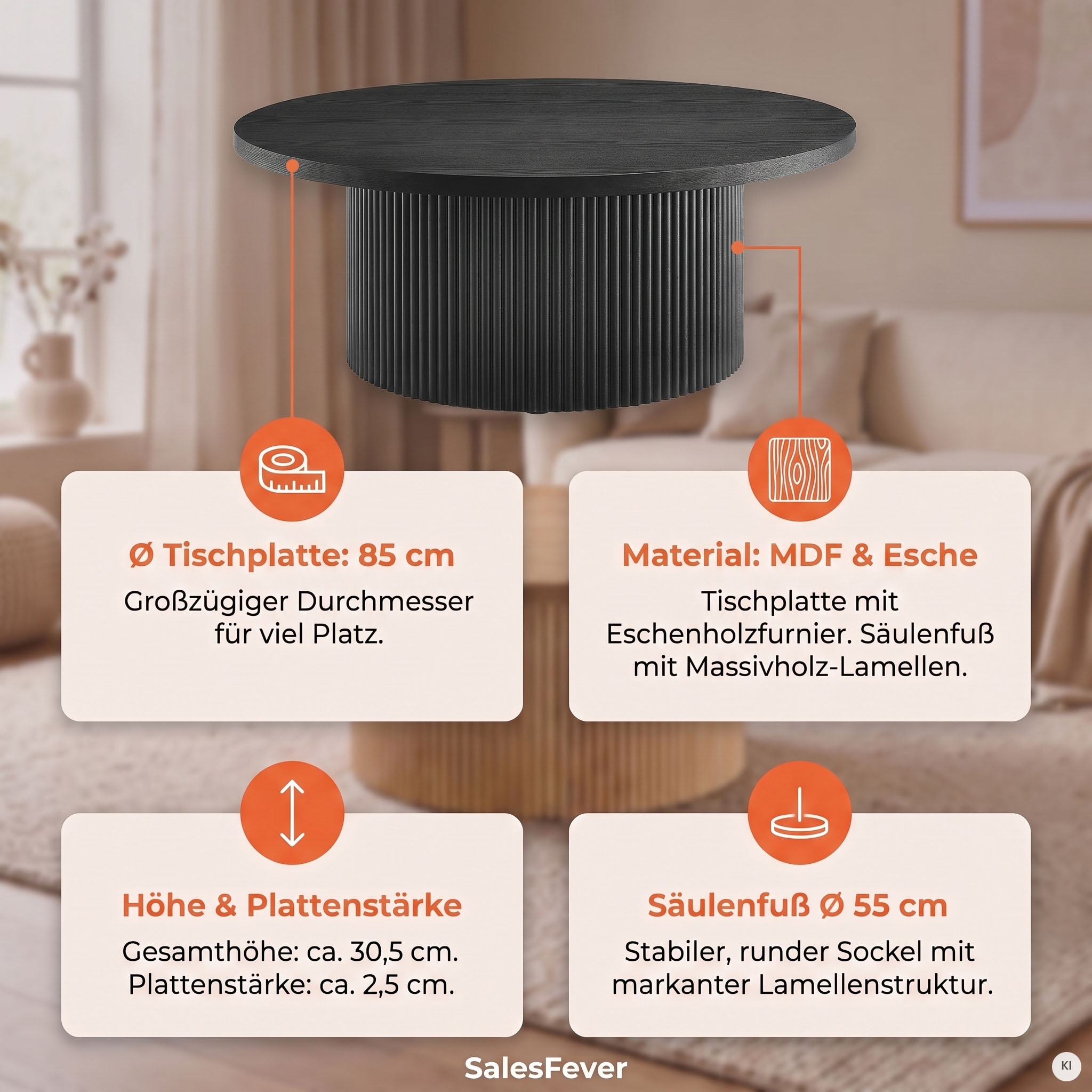 SalesFever Couchtisch »mit Massivholz-Lamellen, Ø 85  cm« 1 Stk. tlg. Moderner Wohnzimmertisch aus Holz in natürlichem Look