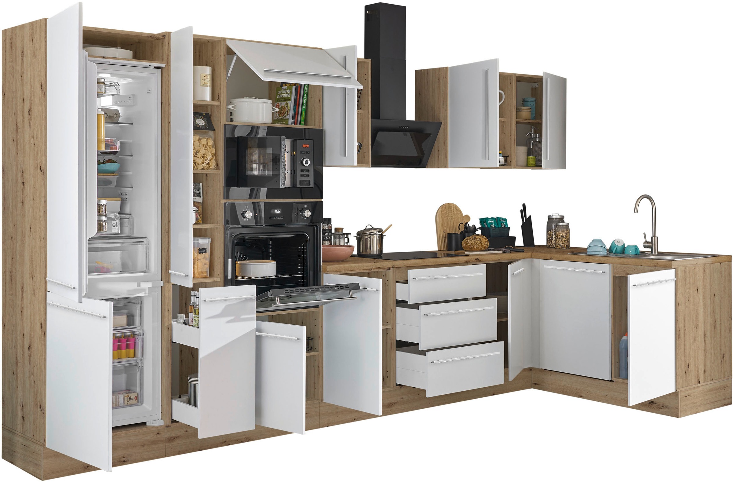 KOCHSTATION Winkelküche »Florida, Stellbreite 370x175 cm« wahlweise mit E-Geräten, mit Softclose für Türen und Schubkästen