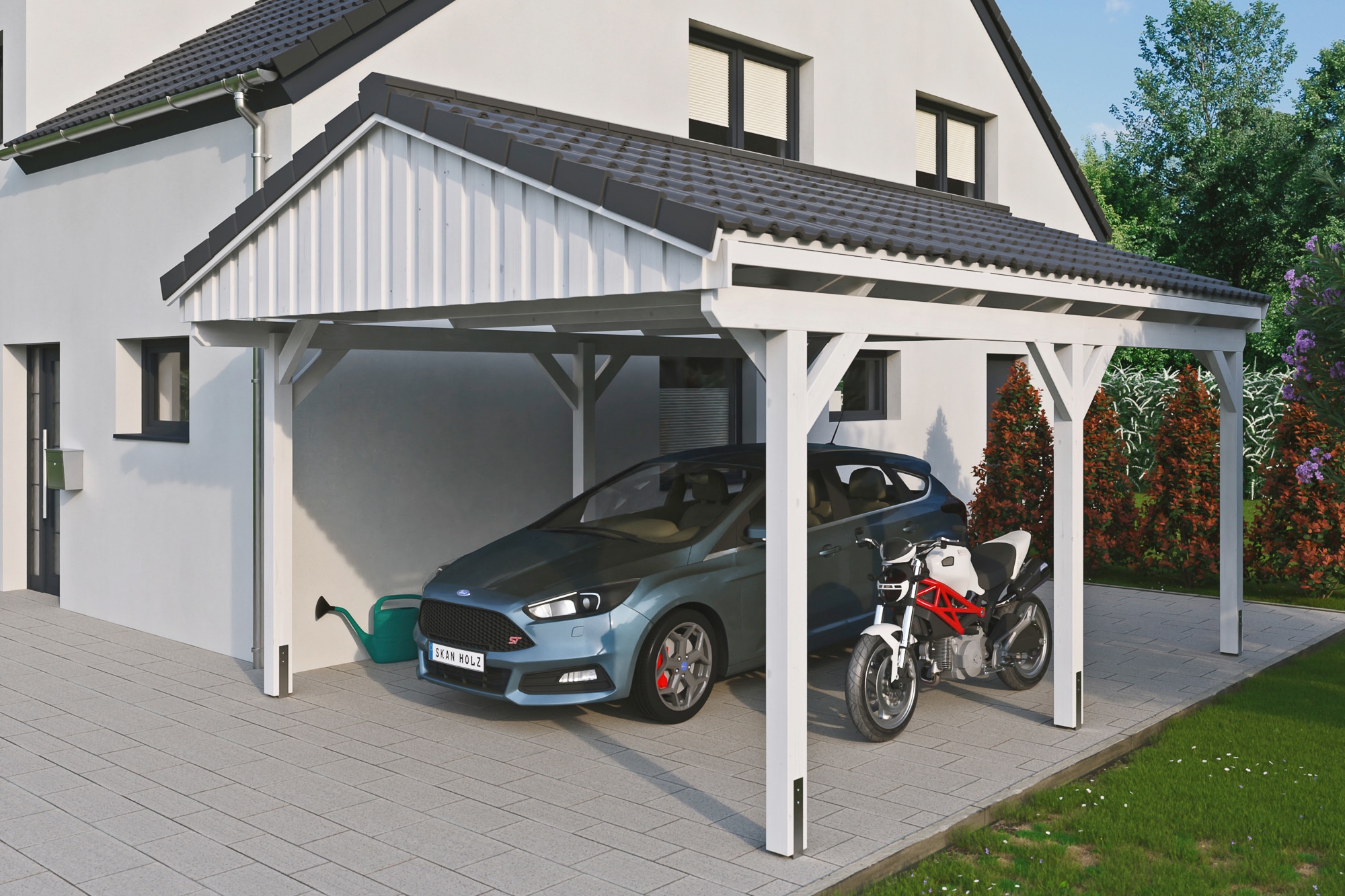 Skanholz Einzelcarport "Fichtelberg" Leimholz weiß mit Dachlattung