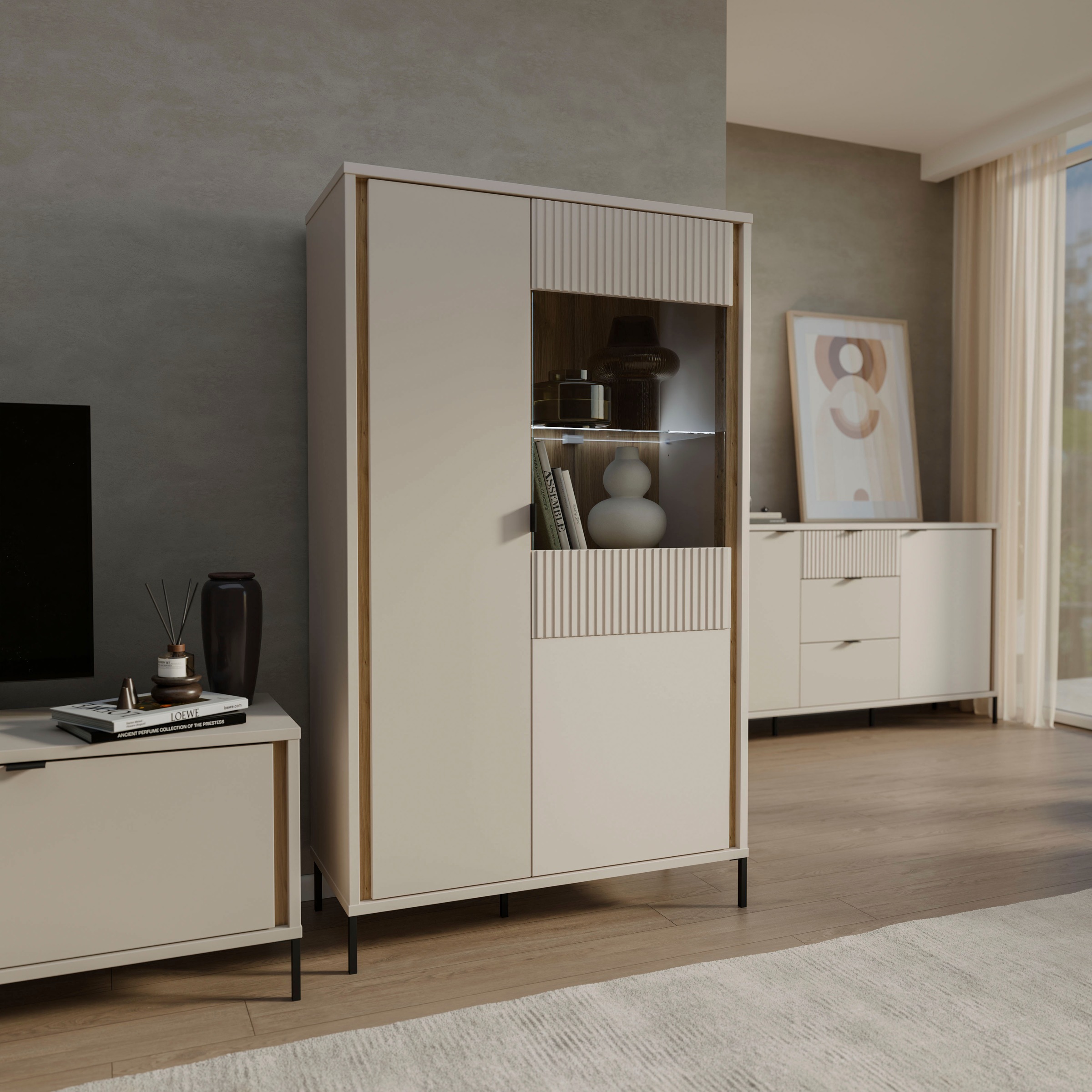 FORTE Highboard »Forte Seravel Highboard, Kashmir Beige/Mauvella Eiche opt. Beleuchtung« B/H/T 94,1/160,8/41,5 viel Stauraum, Lamellenoptik