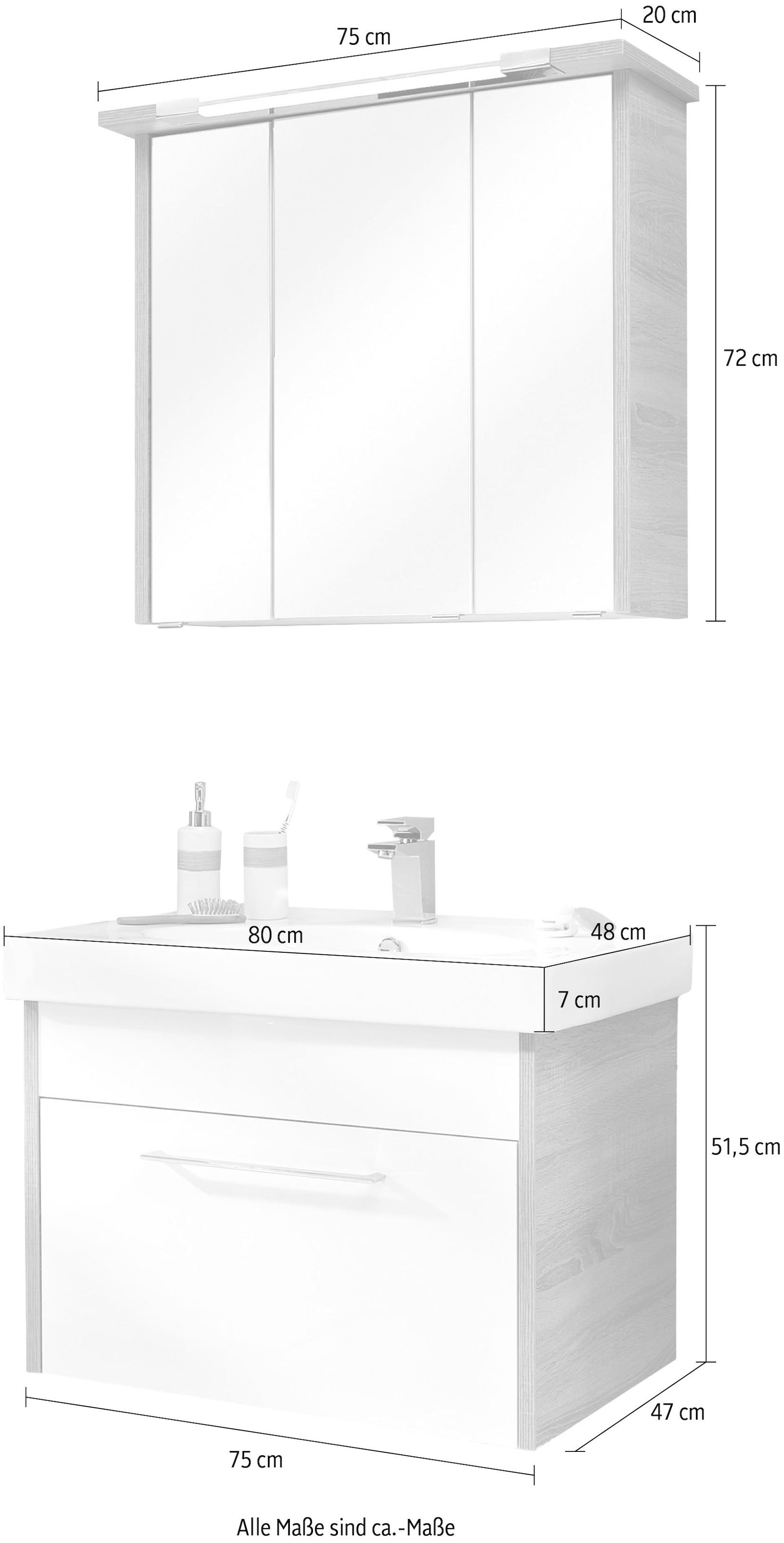 Saphir Badmöbel-Set »Quickset 382 2-teilig Keramik-Waschtisch mit LED-Spiegelschrank«, (2 St.), 80 cm breit, 1 Schublade, 3 Türen, 6 Einlegeböden, inkl. Türdämpfer