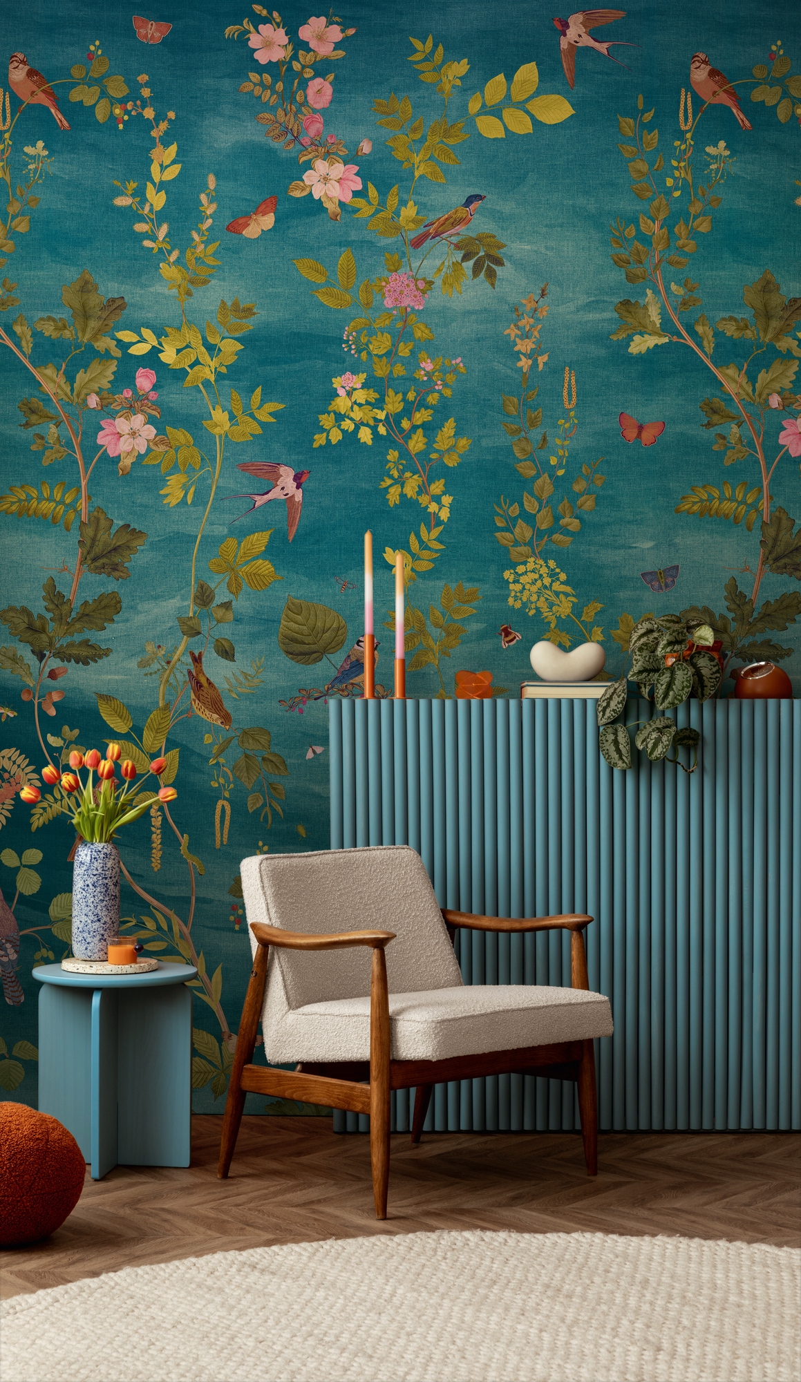 living walls Vliestapete »Vibes & Styles Florentina – Botanical Birds Fototapete« floral leicht strukturiert Naturdesign mit filigranen Ranken, Vögeln und lebendiger Tiefe