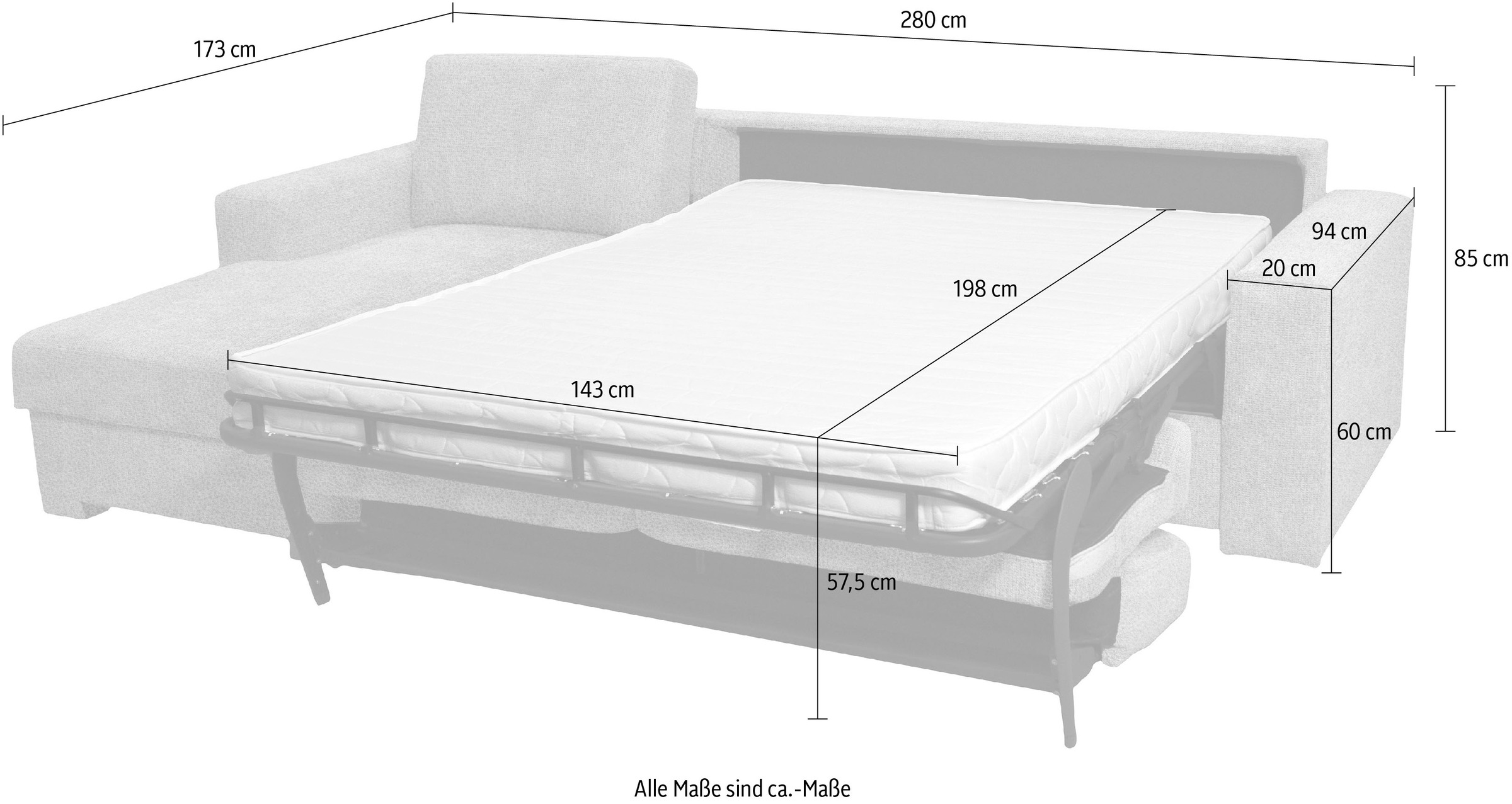 Home affaire Ecksofa »Roma "M" Matratzenhöhe 14 cm, Dauerschlaffunktion, mit Unterfederung,«, Liegemaße ca 143x198 cm, L-Form