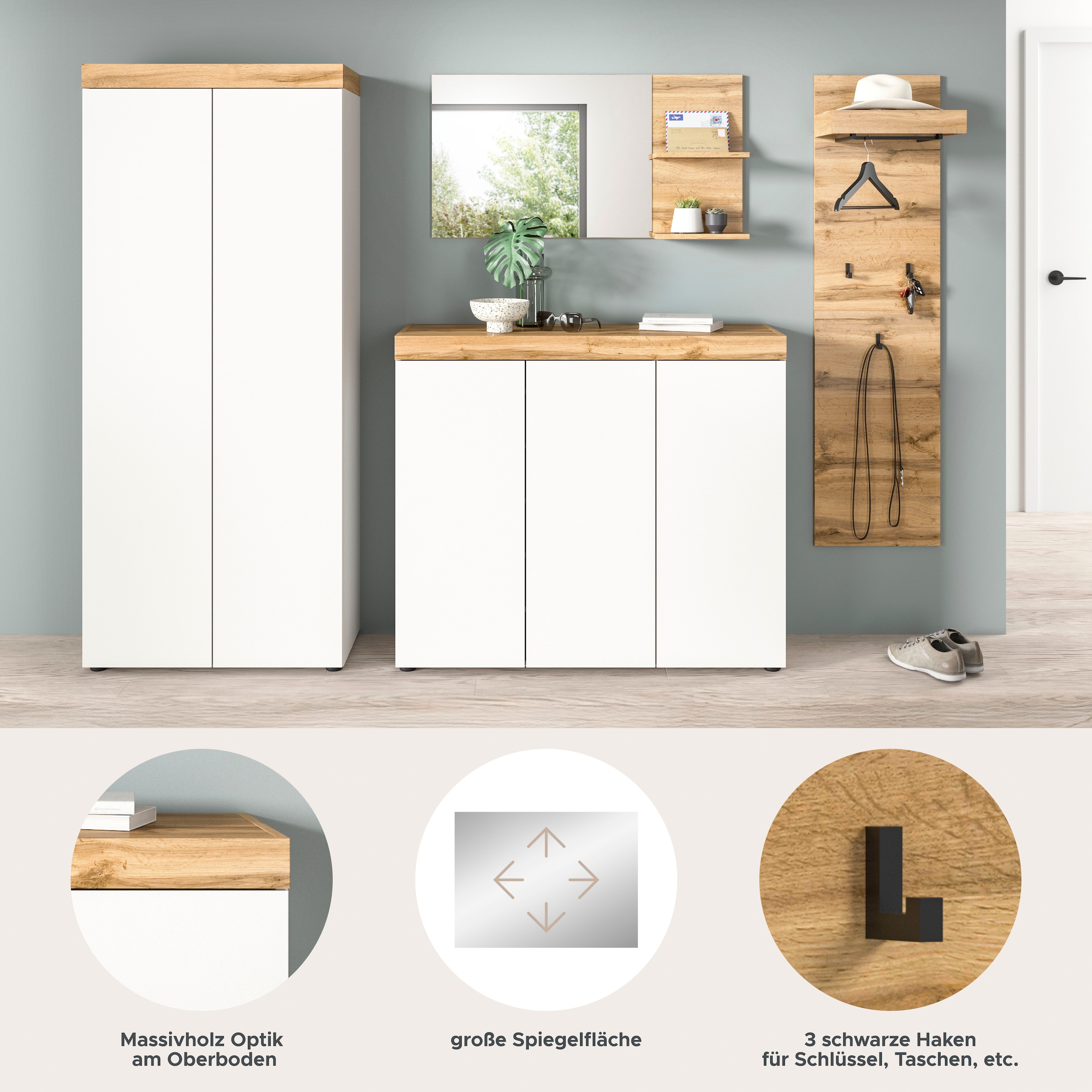 OTTO home Garderoben-Set »MAMBO, TOPSELLER!, 4-teilige Kombination, stehend & hängend montierbar« bestehend aus: Garderobenschrank, Kommode, Spiegel, Garderobenpaneel, 4 Stk. tlg.