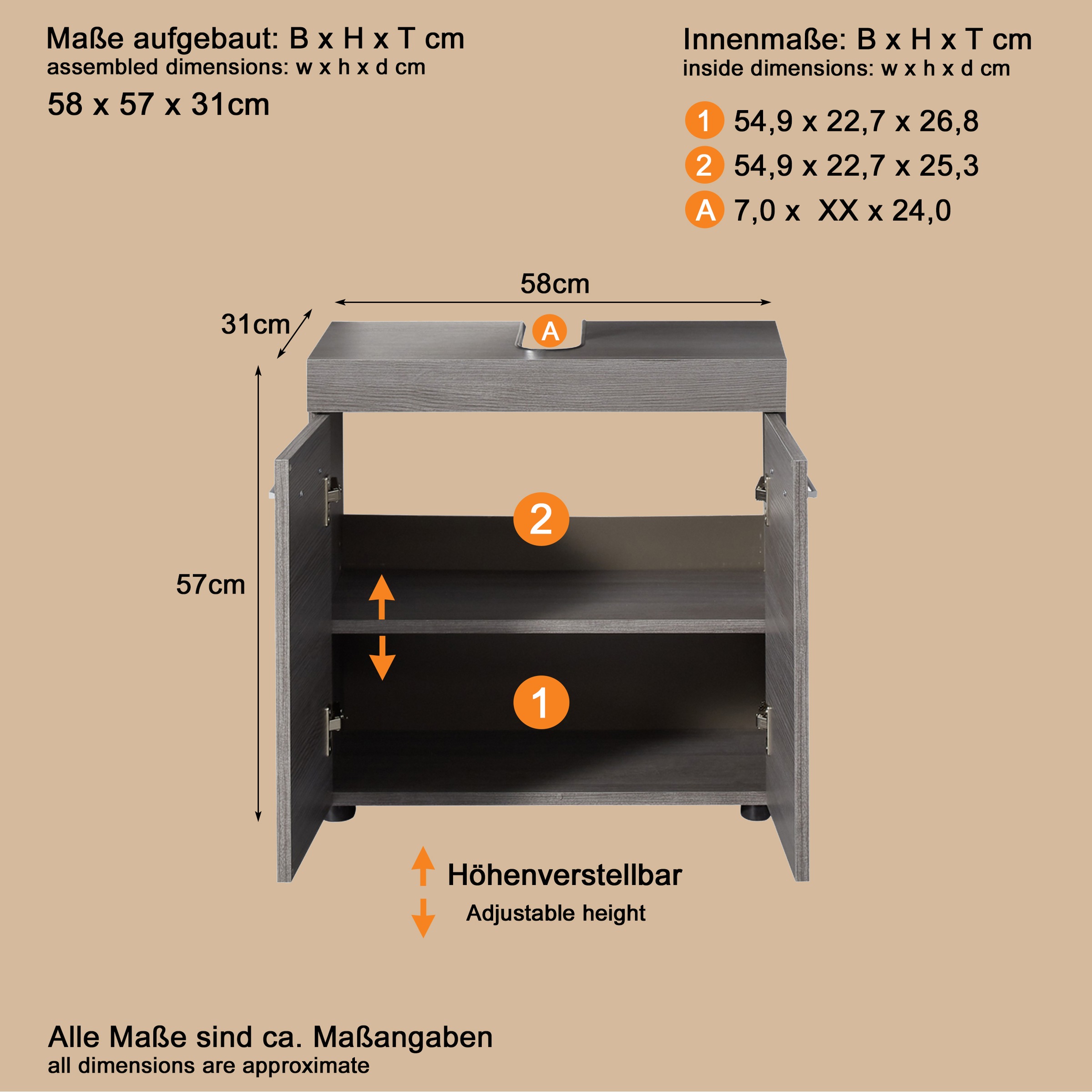 welltime Waschbeckenunterschrank »Royan«, Waschbeckenunterschrank mit 2 Türen - (B/T/H) 58/31/57 cm