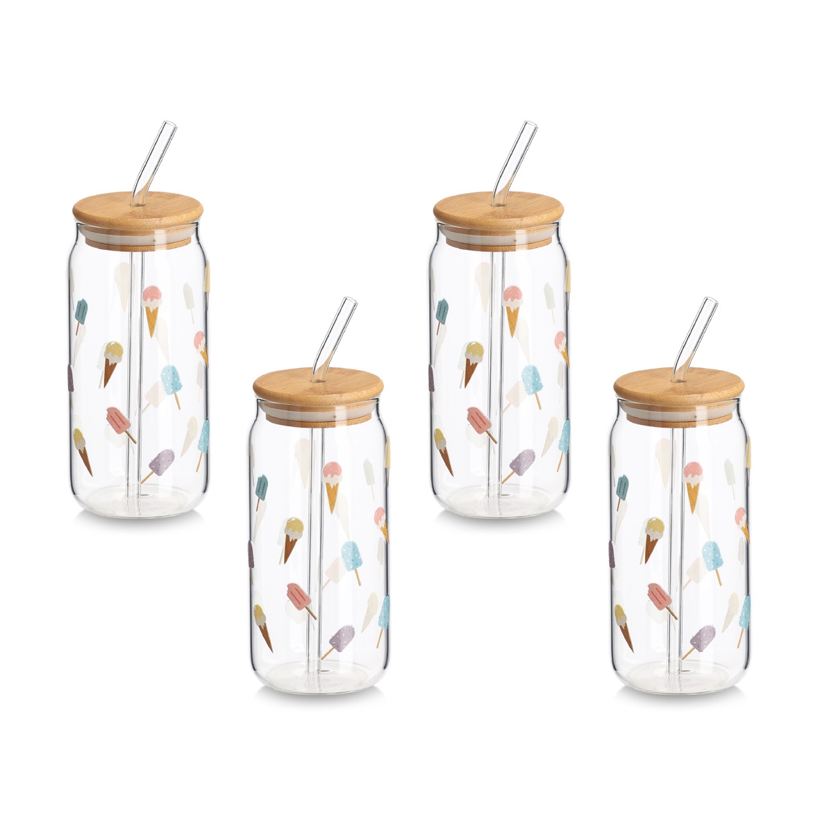 Zeller Present Gläser-Set »Trinkglas-Set, 4er Set« Stilvolles Sommer-Motiv mit Deckel und Glastrinkhalm, 500 ml