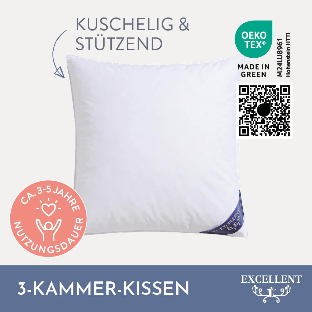 Excellent 3-Kammer-Kopfkissen »Zürich, in 40x80 und 80x80 und weitere Größen«, Füllung: weiße neue Daunen und Federn, Klasse I, Bezug: feiner Daunen-Batist, 100% Baumwolle, (1 St.), allergikerfreundlich, hergestellt in Deutschland