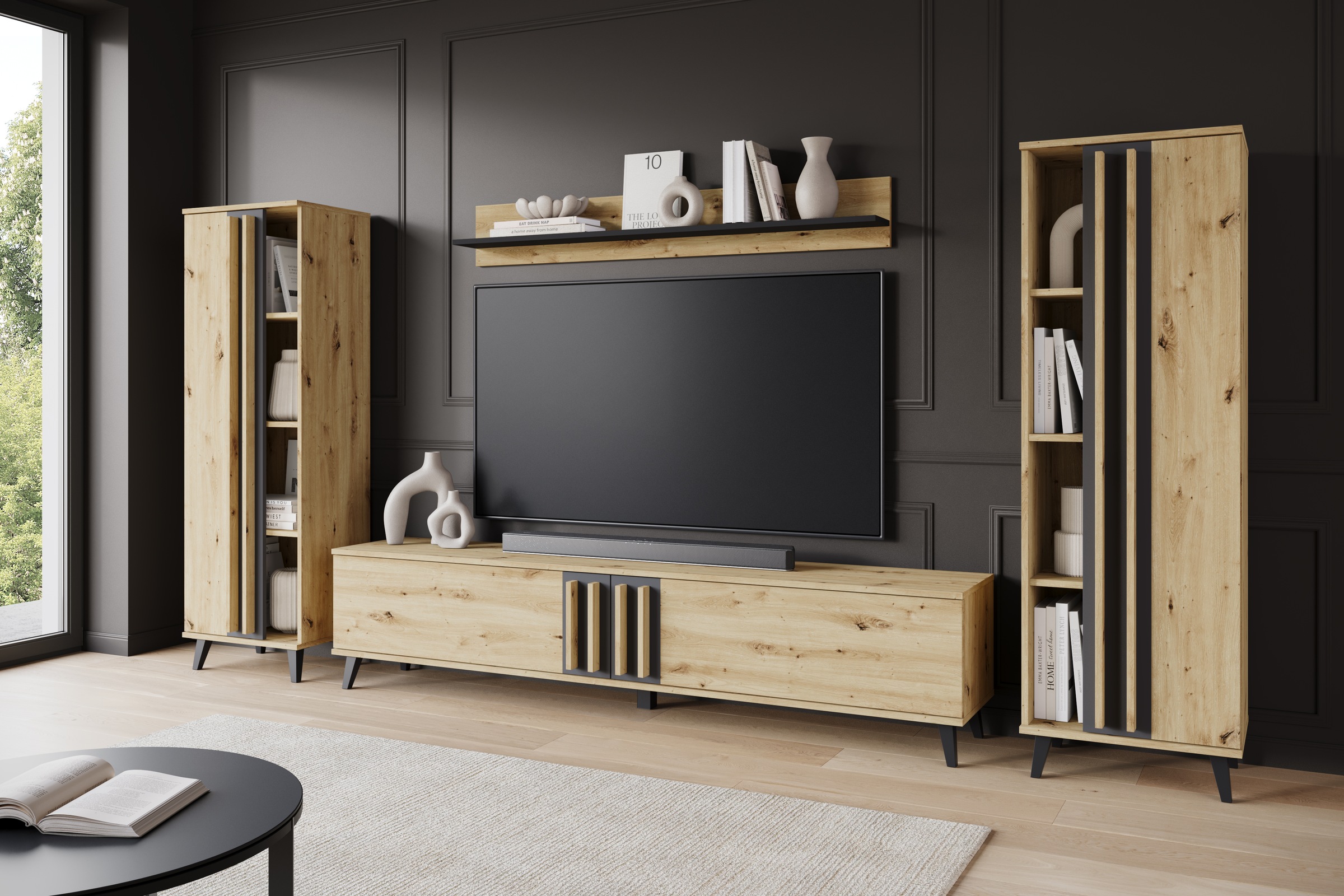 INOSIGN Wohnwand »Helsinki, Modernes Möbelset«, (Komplett-Set, 4 St.), mit lamellengriffen, verstellbaren Einlegeböden und Kunststofffüßen