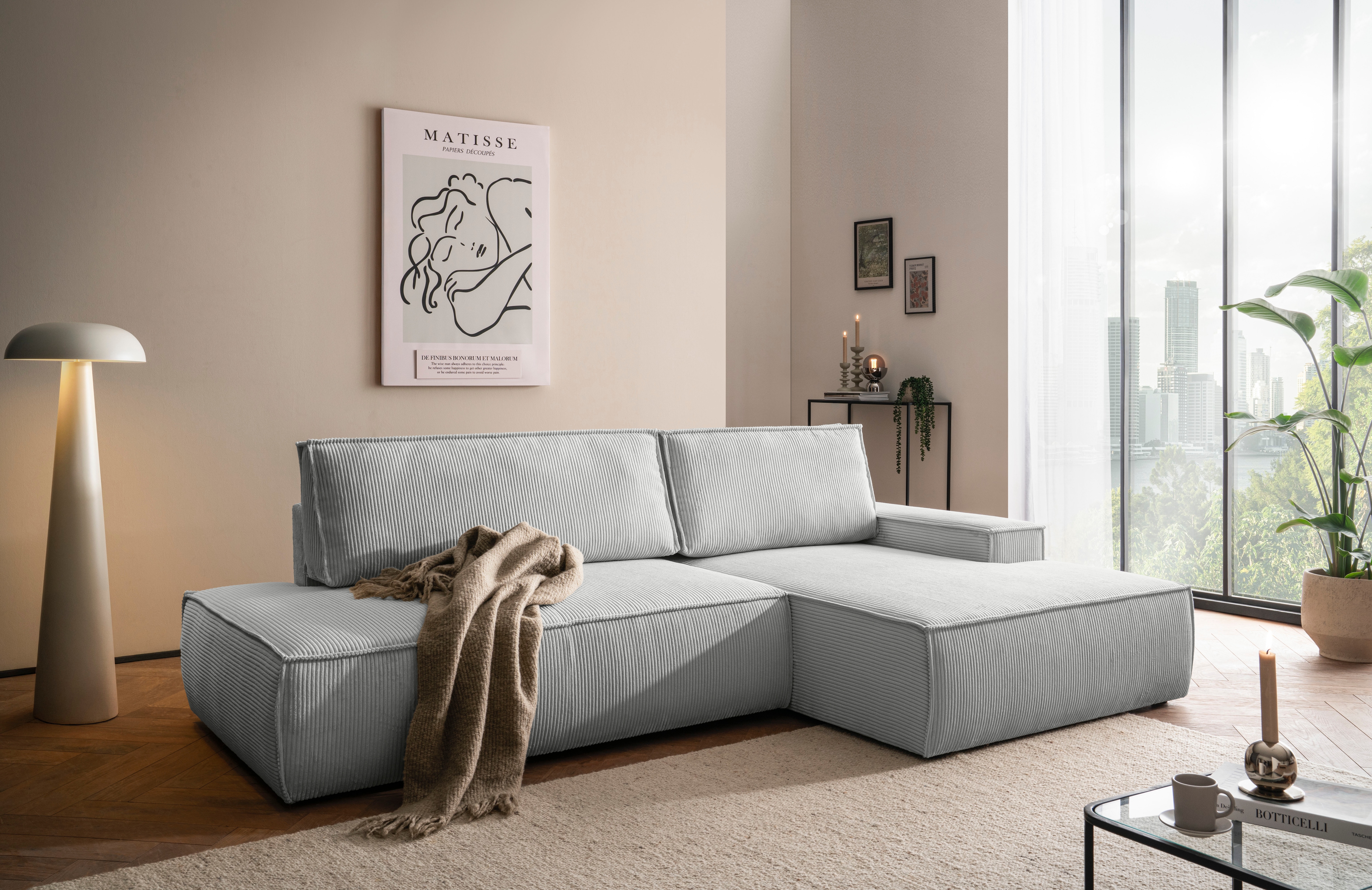 OTTO home Ecksofa "SHERWOOD Cord Schlafsofa in L-Form offen (275cm)" Schlaffunktion und Bettkasten, Kedernaht, hoher Sitz- & Liegekomfort