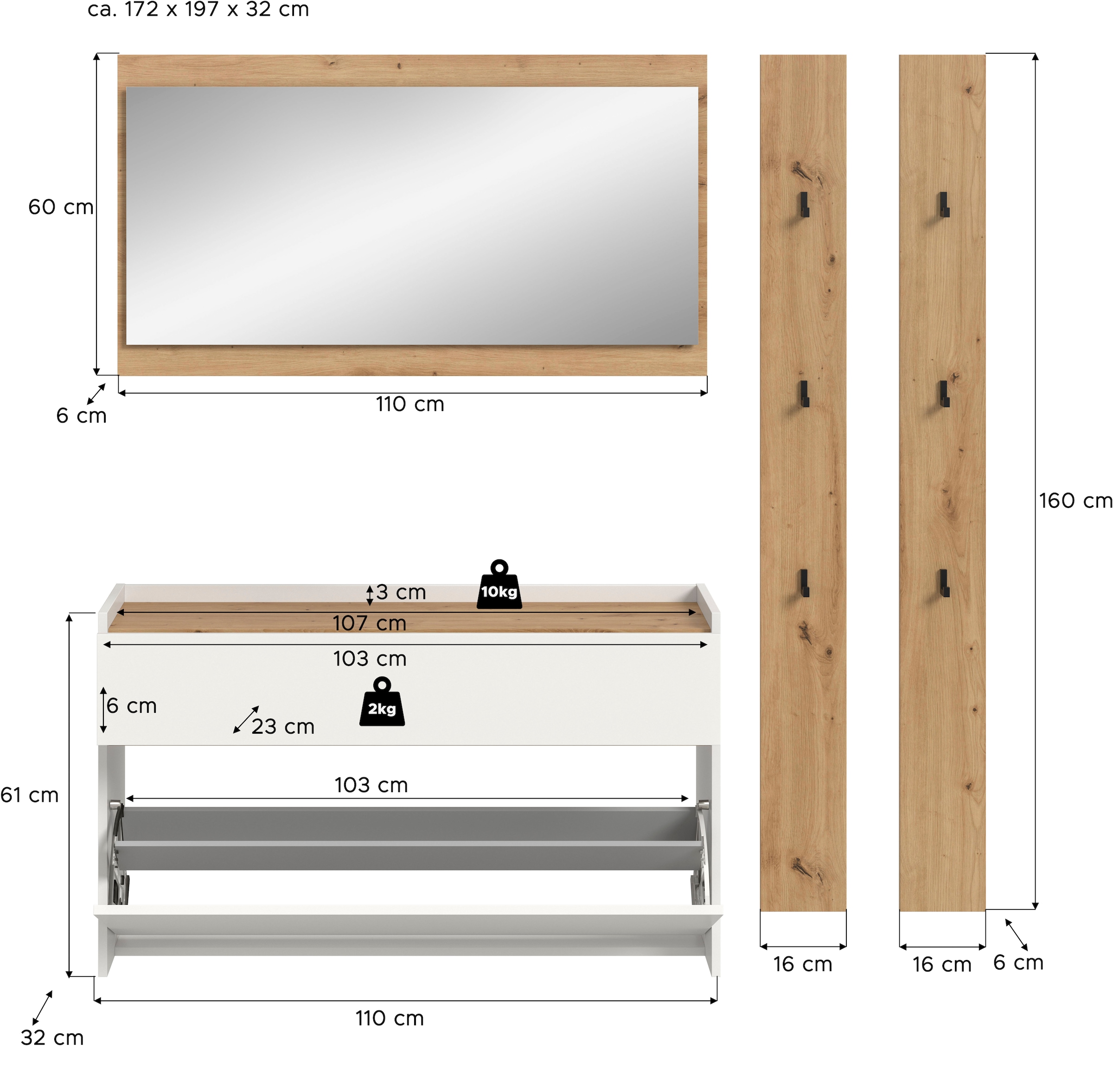 INOSIGN Garderoben-Set »EVRID, 4-teilig, Breite 172 cm, individuell hängbar & erweiterbar« best. aus: Kommode, Spiegel & 2x Hakenleiste, 4 Stk. tlg. Garderobenkombination, Garderobe, Wandgarderobe, Flur, Diele