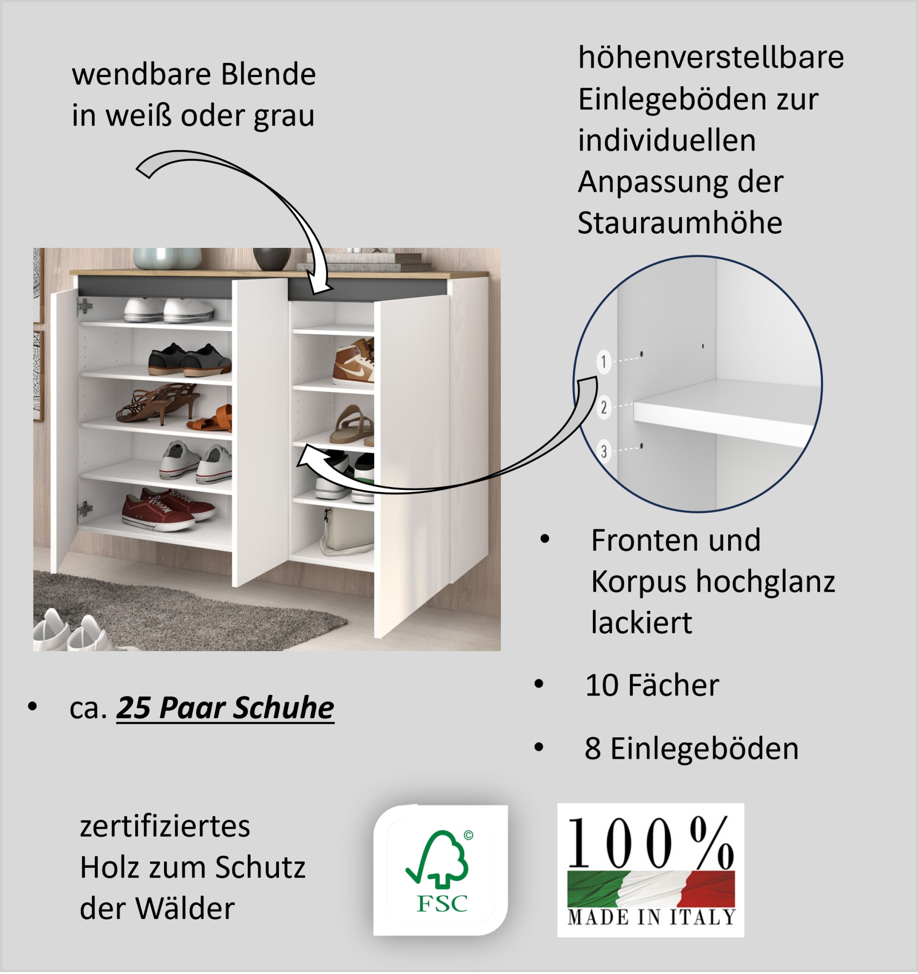 INOSIGN Schuhschrank »Zippo, Schuhkommode,Schuhregal,Made in Italy,hängend«, (1 St.), Front/Korpus hochglanz lackiert B/T: 130x35 cm,5 Fächer,25 paar Schuhe
