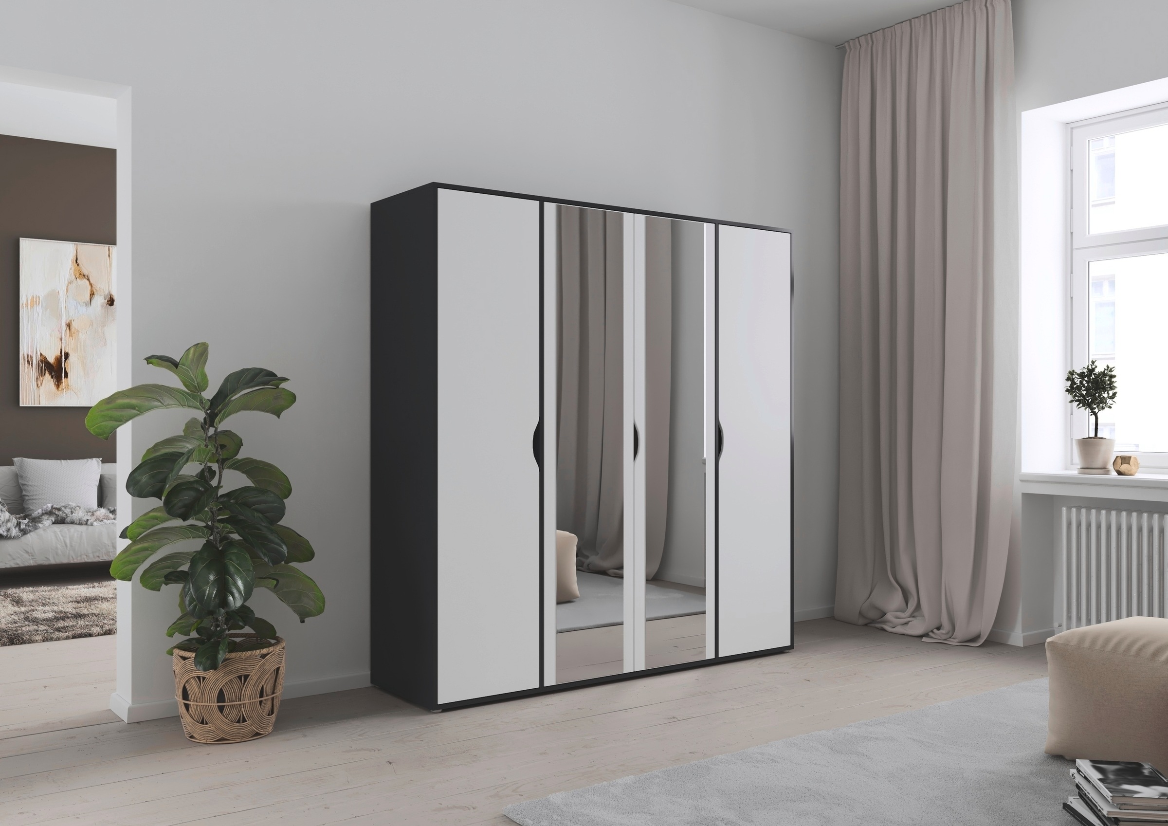 rauch Drehtürenschrank »Kleiderschrank Schrank Garderobe Wäscheschrank NARAI mit Spiegel«, (in 3 verschiedenen Ausstattungen BASIC/CLASSIC/PREMIUM), Griffausfräsungen für eine grifflose Optik TOPSELLER MADE IN GERMANY