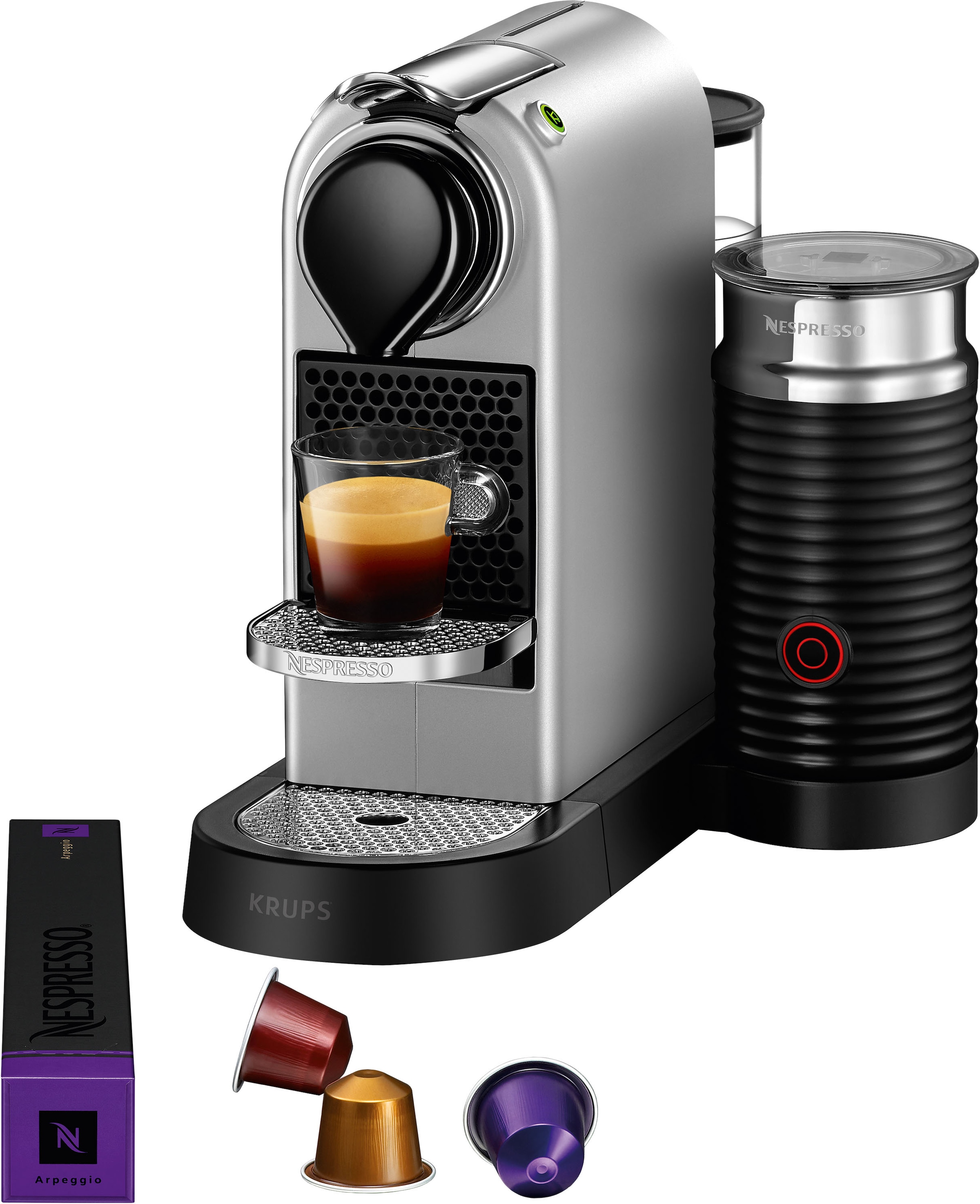 Nespresso Silberfarben Kapselmaschine "Xn761b Citiz & Milk Von Krups" Inkl. Aeroccino Milchaufschäumer Willkommenspaket Mit 7 Kapseln von Baur