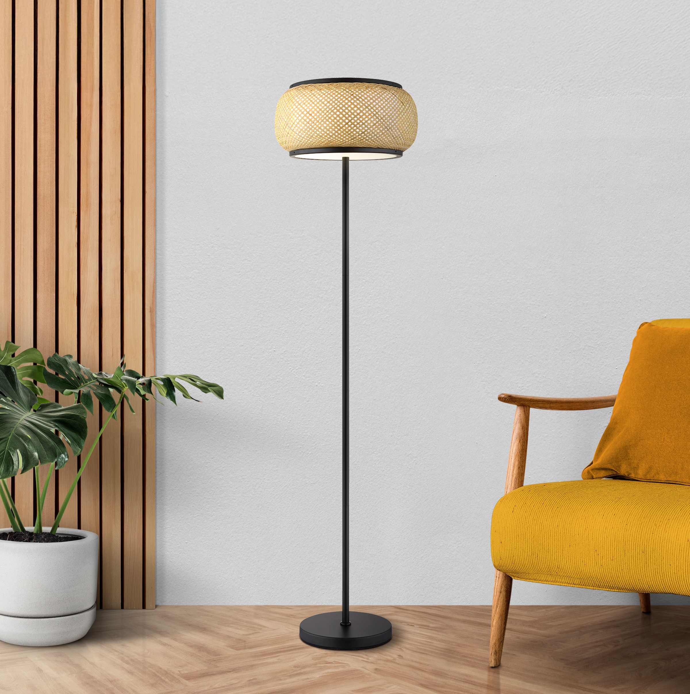 GLOBO LIGHTING Stehlampe »BAMBORA« LED-Modul 1 Stk. Stehleuchte schwarz Bambus LED CCT Fußschalter Memory