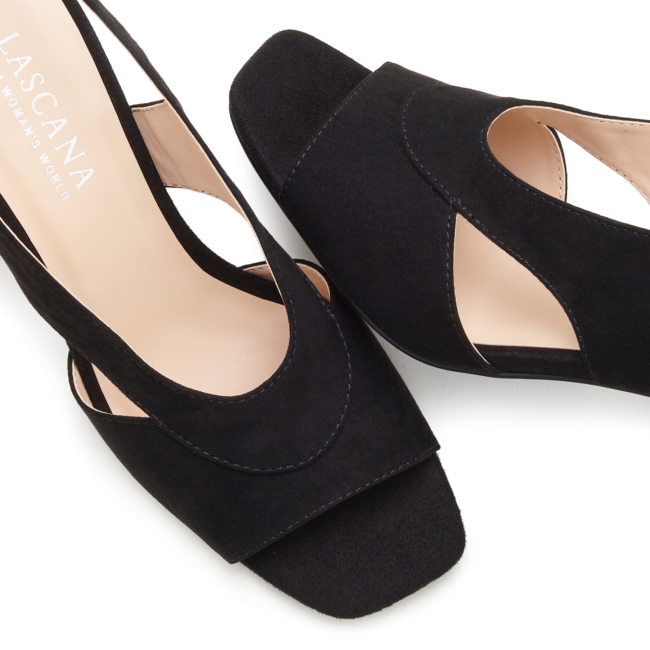 LASCANA Sandalette »Sling-Sandalette, Sandale, Sommerschuh,«, mit raffiniertem Ausschnitt aus Velourslederimitat VEGAN