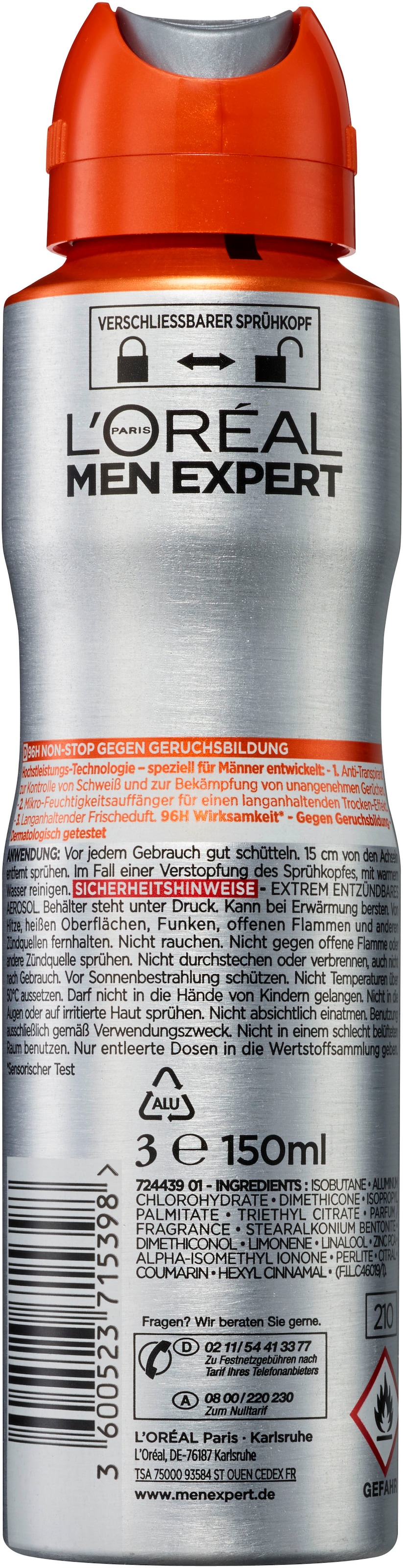 L'ORÉAL PARIS MEN EXPERT Deo-Spray »Deo Spray Invincible Man 96h«, (Packung, 6 tlg.), mit hoher Zuverlässigkeit