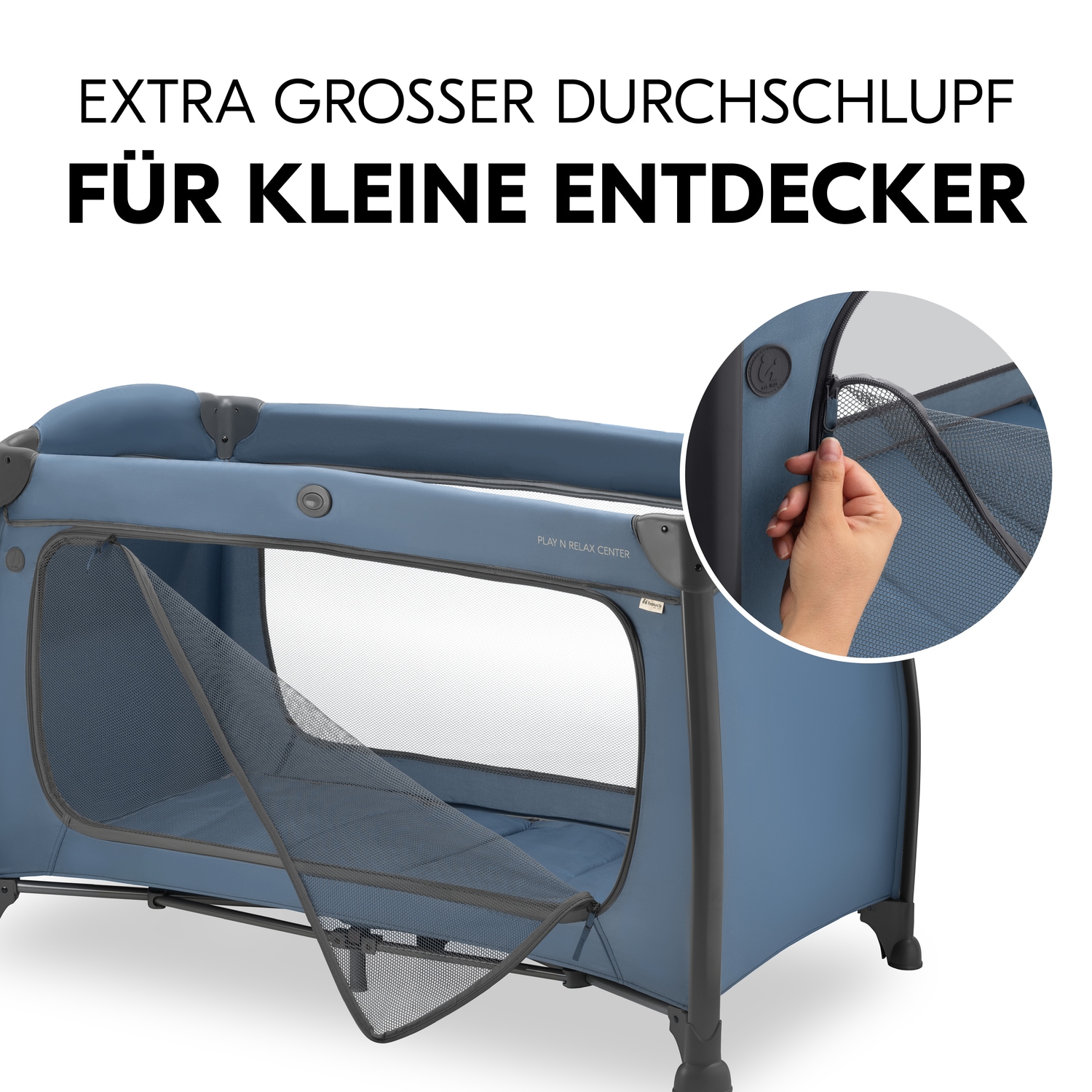 Hauck Baby-Reisebett »Play N Relax Center, dark blue«, inkl. Neugeboreneneinhang, Wickelmulde, Ausstieg, Räder