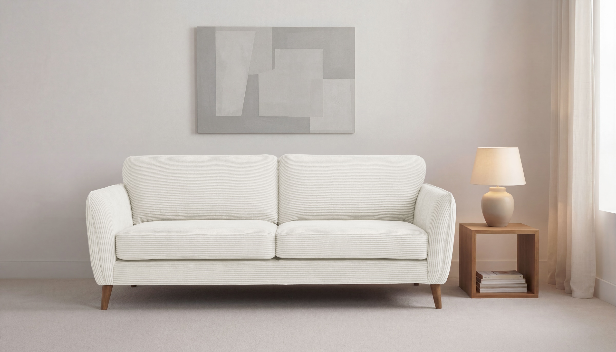 OTTO home 3-Sitzer "MARSEILLE 3er Sofa 206 cm, Cord, Flachgewebe, Struktur, Webstoff" Massivholzbeine Eiche, Landhausstil, Wellenunterfederung