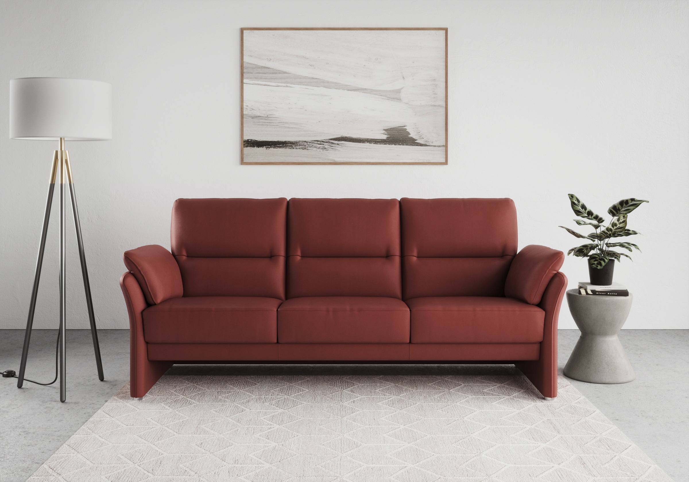 DOMO collection 3-Sitzer "Pina, schmale Armlehnen, mit Federkern, kompakt & elegant" Hoher Sitzkomfort, Luxus-Microfaser Lederoptik, rot, Breite 219 cm
