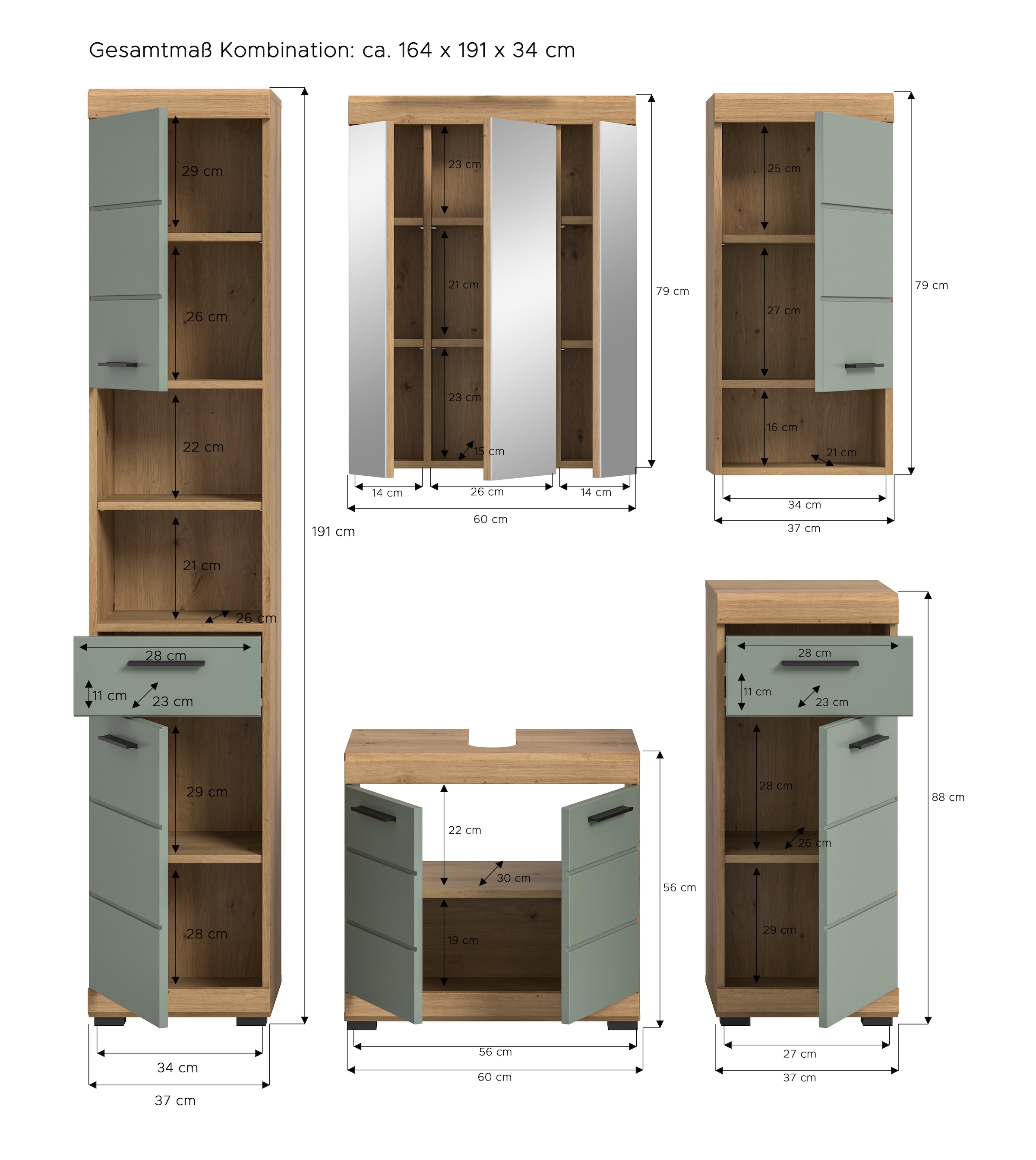 INOSIGN Badmöbel-Set »Siena, 5 teilig, bestehend aus:«, (Set), Hochschrank, WBU, Spiegelschrank, Unterschrank, Hängeschrank