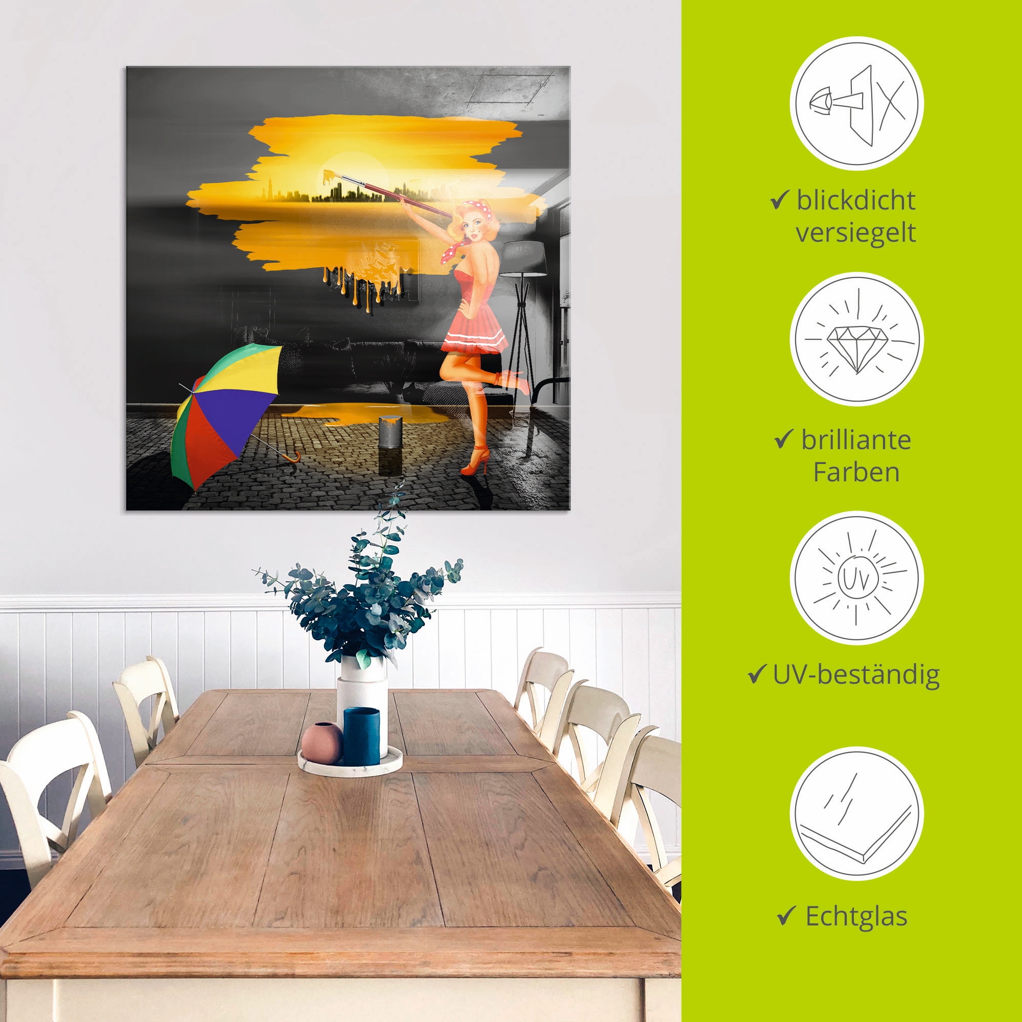 Artland Glasbild »Ein Künstler malt sein Leben bunt«, Frau, (1 St.), in verschiedenen Größen