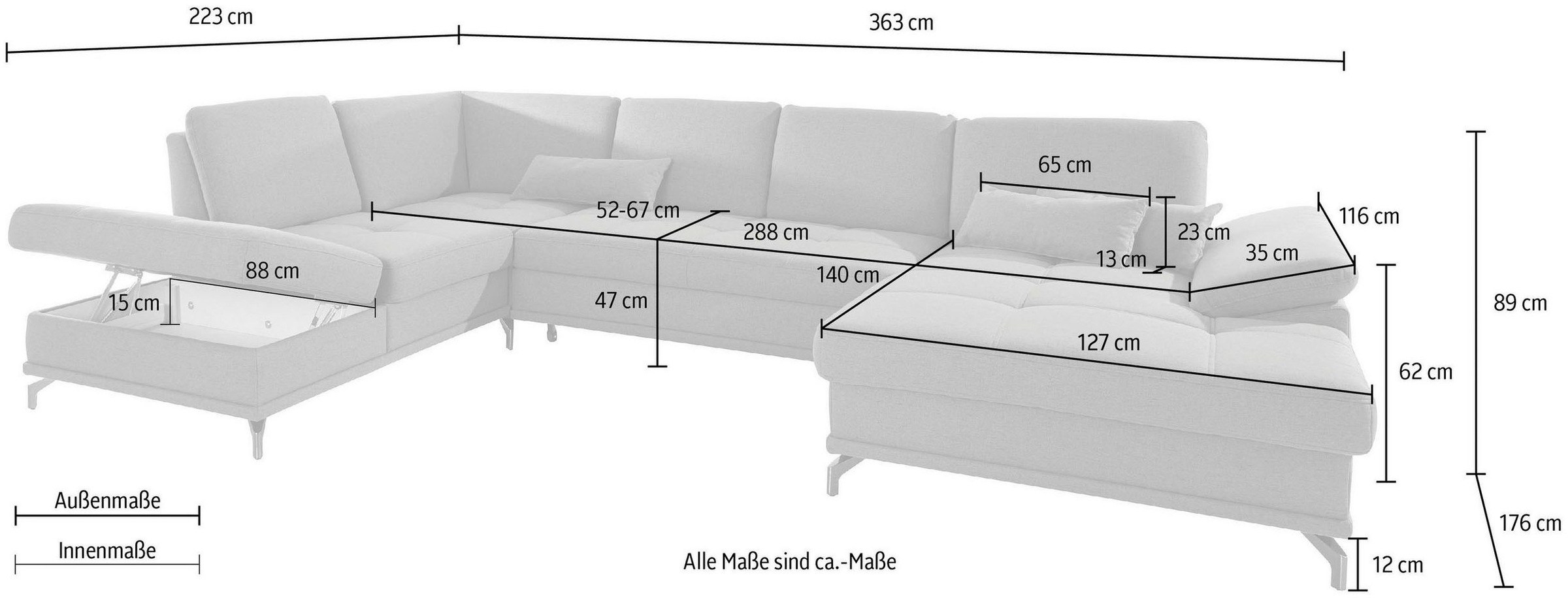 Places of Style Wohnlandschaft »Costello U-Form«, incl. Sitztiefenverstellung und Armlehnfunktion, 3 Nierenkissen