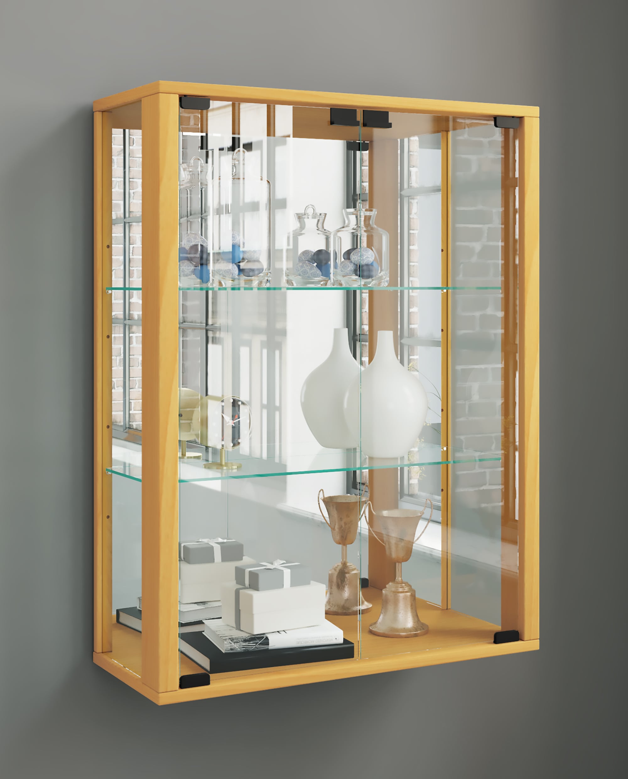 VCM Wandregal »VCM Glasvitrine hängend | Vitrine Glas mit ESG-Sicherheitsglas | Maße ca. H. 80 x B. 60 x T. 25 cm | Hängevitrine Glas | Modern und platzsparend | Glas Vitrinenschrank - Udina Spiegel«