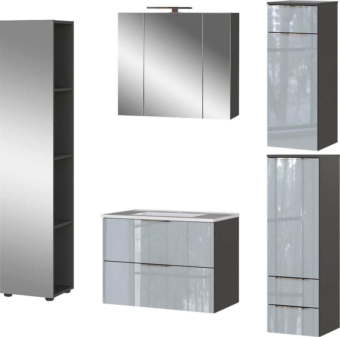 GERMANIA Badmöbel-Set »Oakland«, (5 St.), inkl. WT-Unterschrank, Spiegelschrank, Schrank, Mediumschrank u. Regal