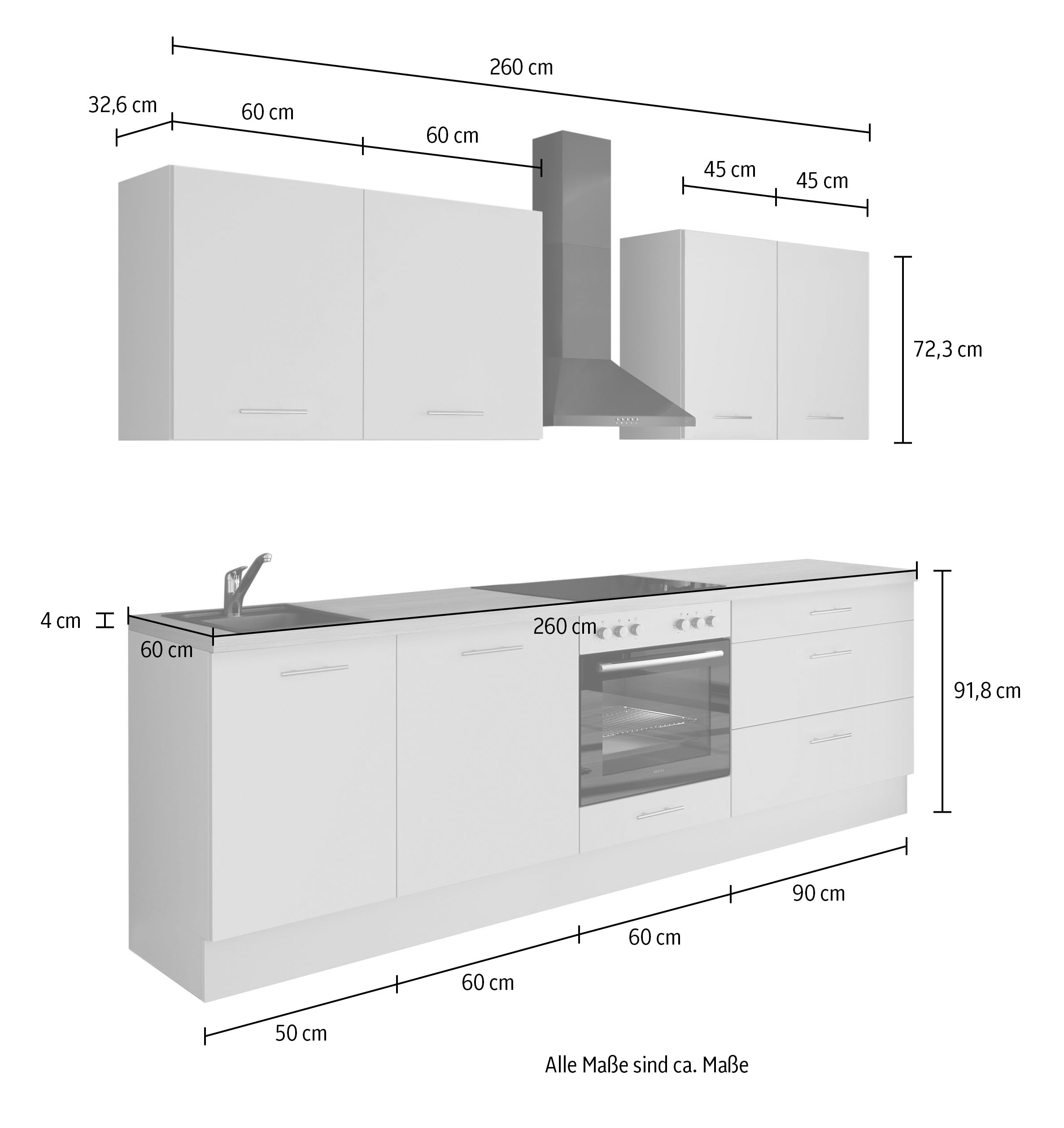 IMPULS KÜCHEN Küchenzeile »"Kopenhagen", Ausrichtung wählbar, Schubkästen mit Soft-Close« Set,  vormontiert, wahlweise mit E-Geräten, Breite 260 cm