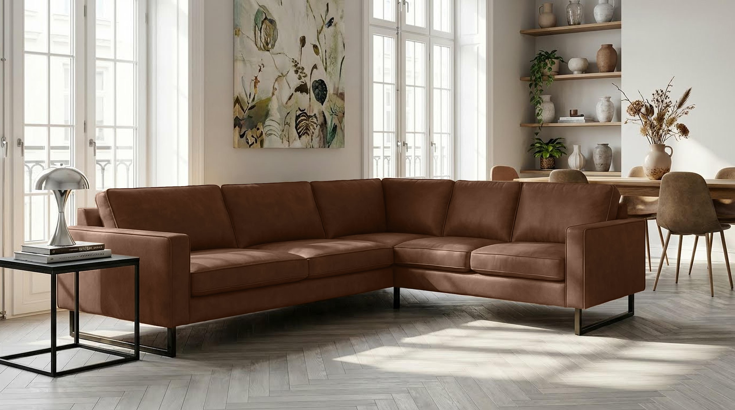 OTTO home Ecksofa "Pinto, XXL, 250/290 cm, langer Schenkel, Ottomane" Cord, Chenille, Lederoptik, mit Keder, Metallfüße, Wellenunterfederung