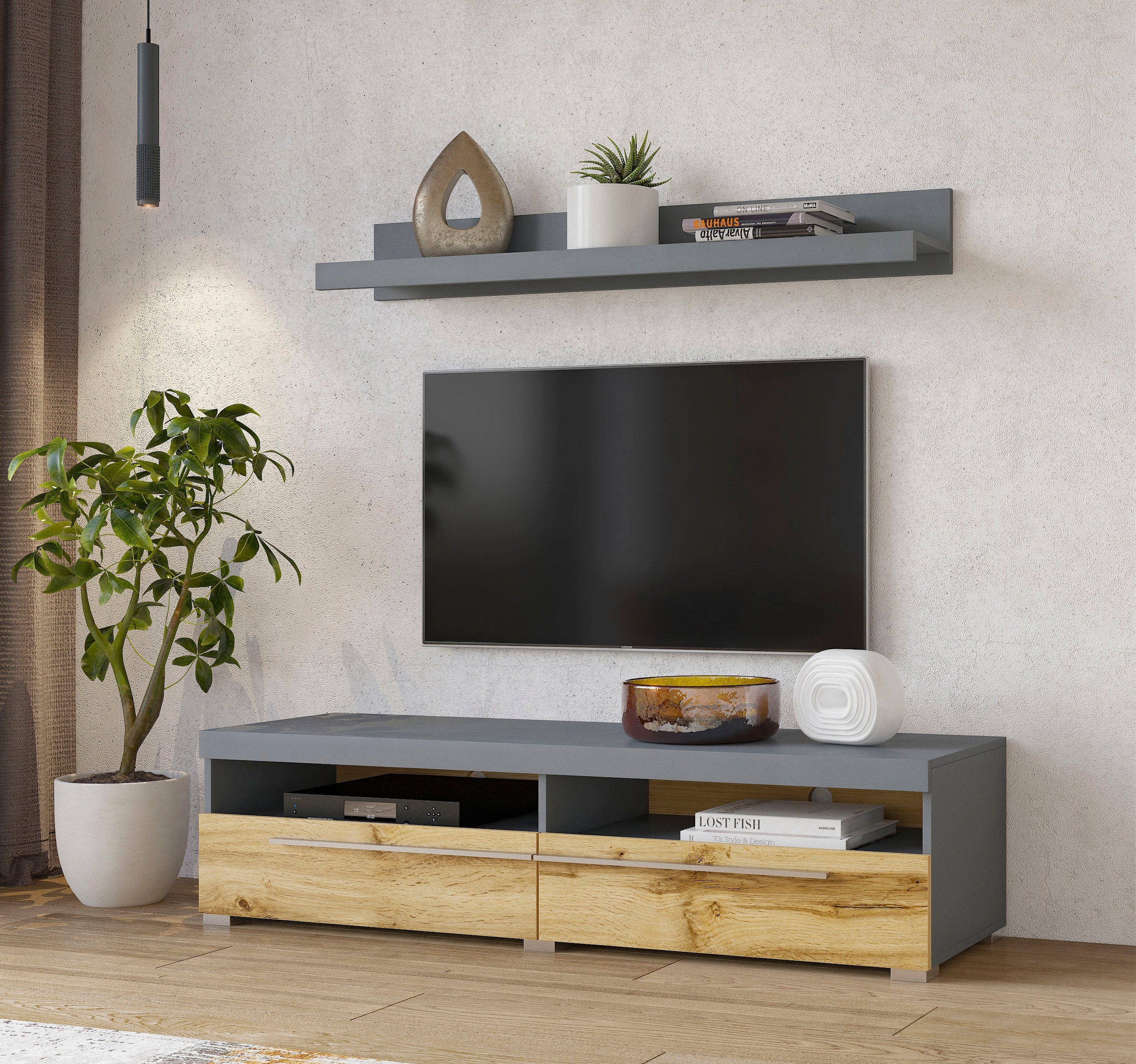 Helvetia Lowboard »Roger,Breite 140 cm, stilvolle TV-Kommode, inclusive Wandboard«, TV-Schrank mit viel Stauraum, TV-Board, 2 Klappen