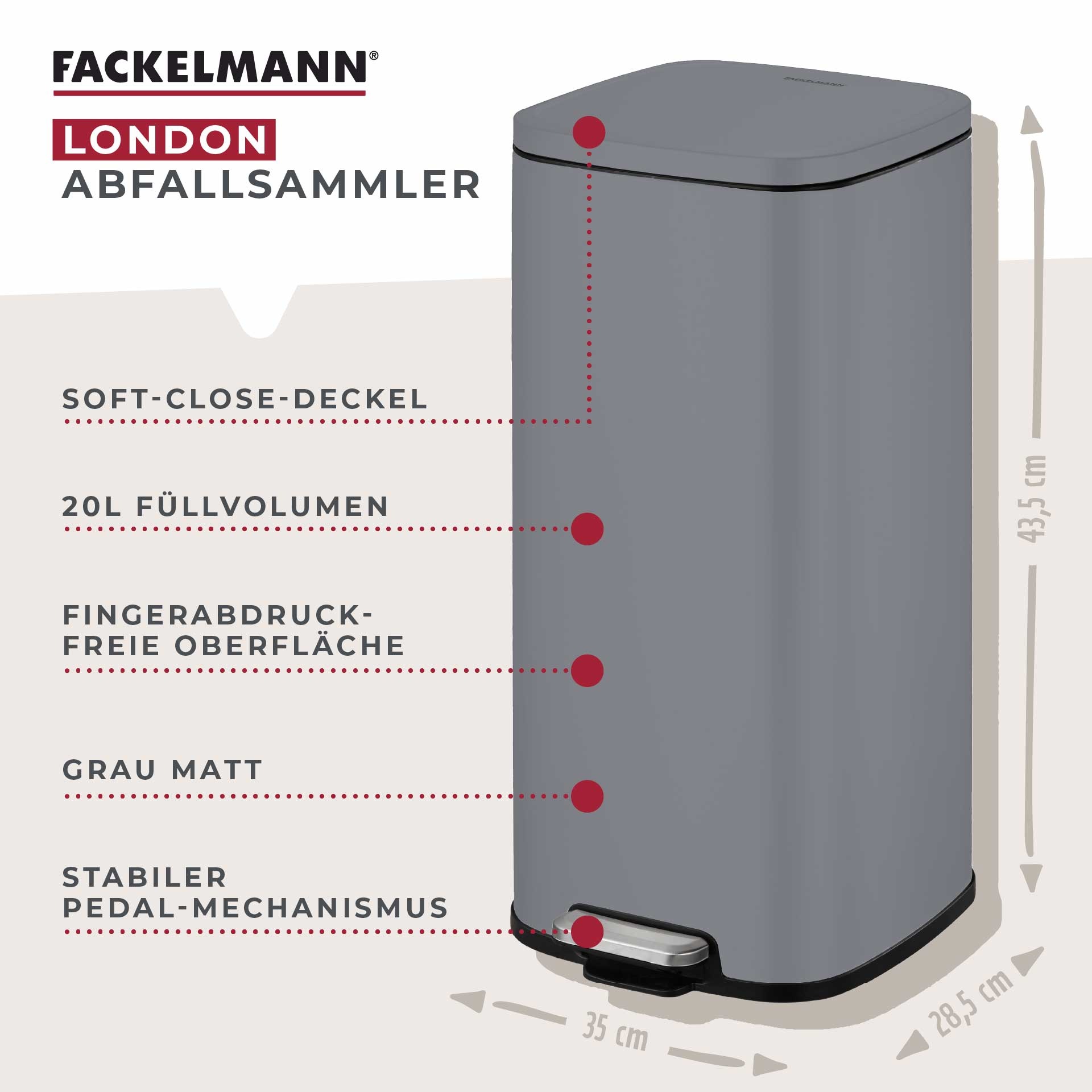 FACKELMANN Mülleimer »LONDON, Pedal-Abfalleimer 20L« 1 Behälter mit gedämpftem Deckel & Anti-Fingerprint Oberfläche, Höhe ca. 43,5 cm