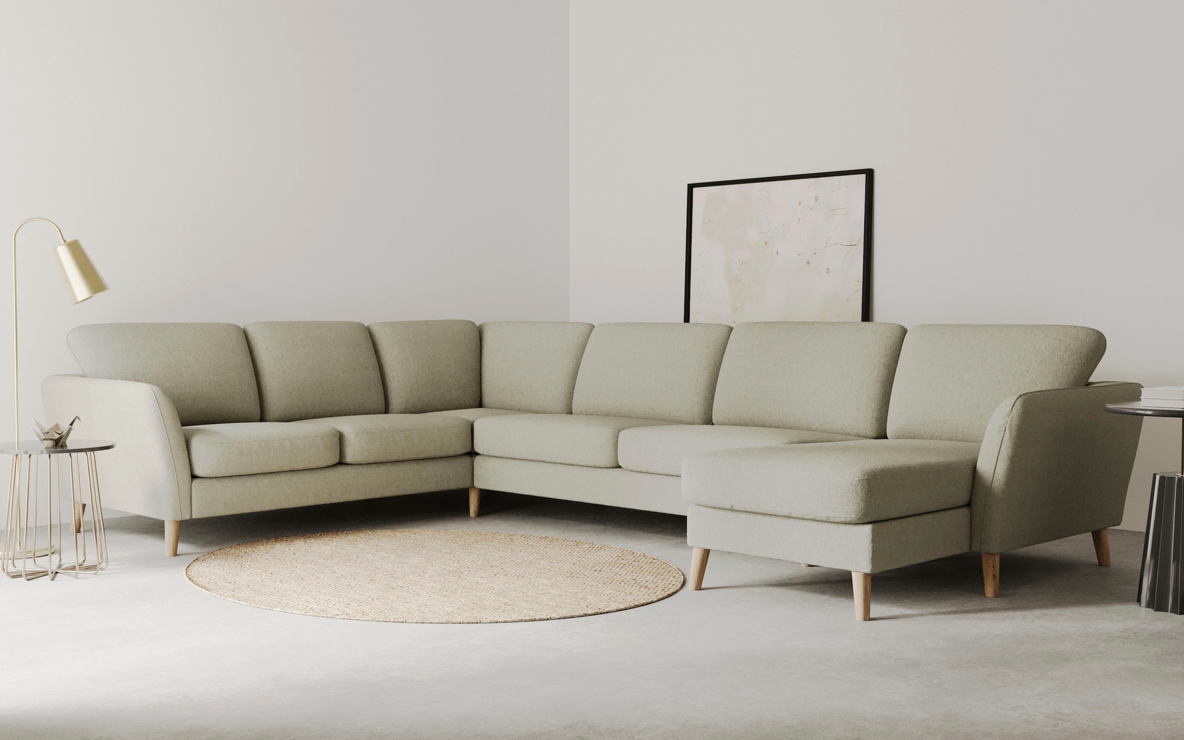 OTTO home Wohnlandschaft "MARSEILLE XXL 349cm, U-Form, Ottomane rechts/links wählbar" Massivholzbeine Eiche, Landhausstil, Wellenunterfederung