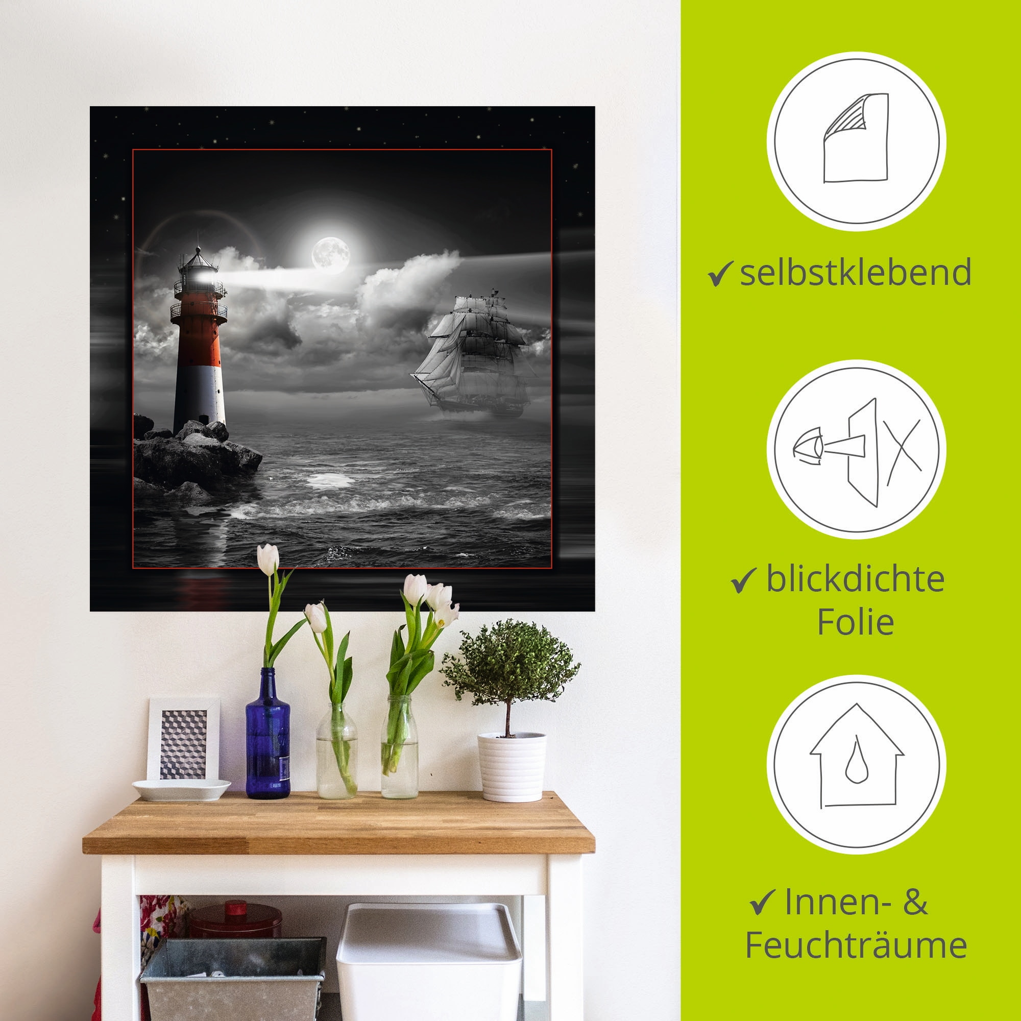 Artland Wandbild »Leuchtturm und Segelschiff im Mondschein«, Küste, (1 St.), als Leinwandbild, Poster, Wandaufkleber in verschied. Größen