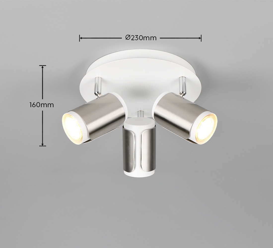 TRIO Leuchten Deckenstrahler »GILLAN, Spot 3-flammig, exkl 3x GU10 max 10W, Ø 30 cm Höhe 16 cm«, 3 flammig, Leuchtmittel GU10 | Leuchtmittel wechselbar, GU10 Deckenspot 3er Rondell für Küche Flur, Spots schwenkbar, IP20