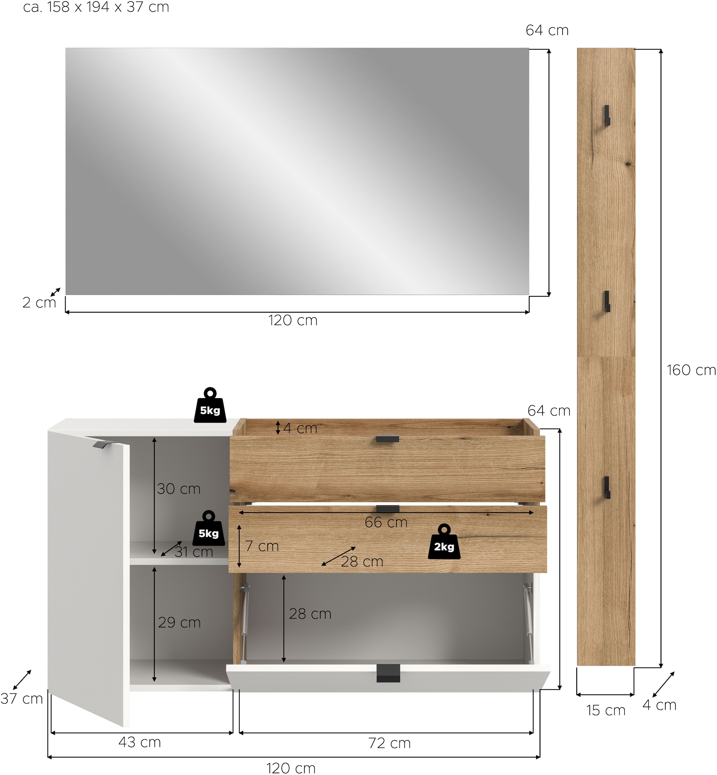 INOSIGN Garderoben-Set »Oran« Set, 3 Stk. tlg. Oran, Evoke Oak, Garderobenset, Spiegel, Schrank, Paneel mit Haken