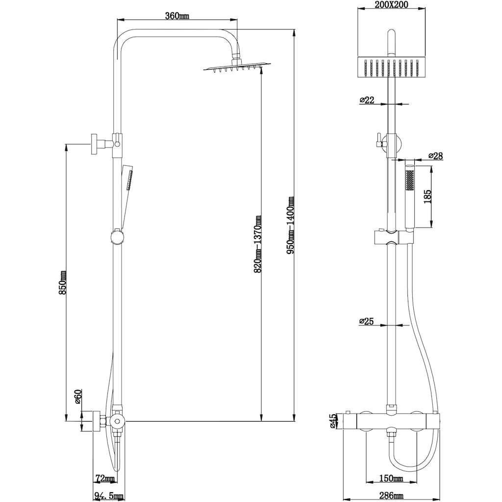 welltime Duschsystem »Rainshower«, Duschsystem, Rainshower eckig 200x200mm, Edelstahl, gebürstet