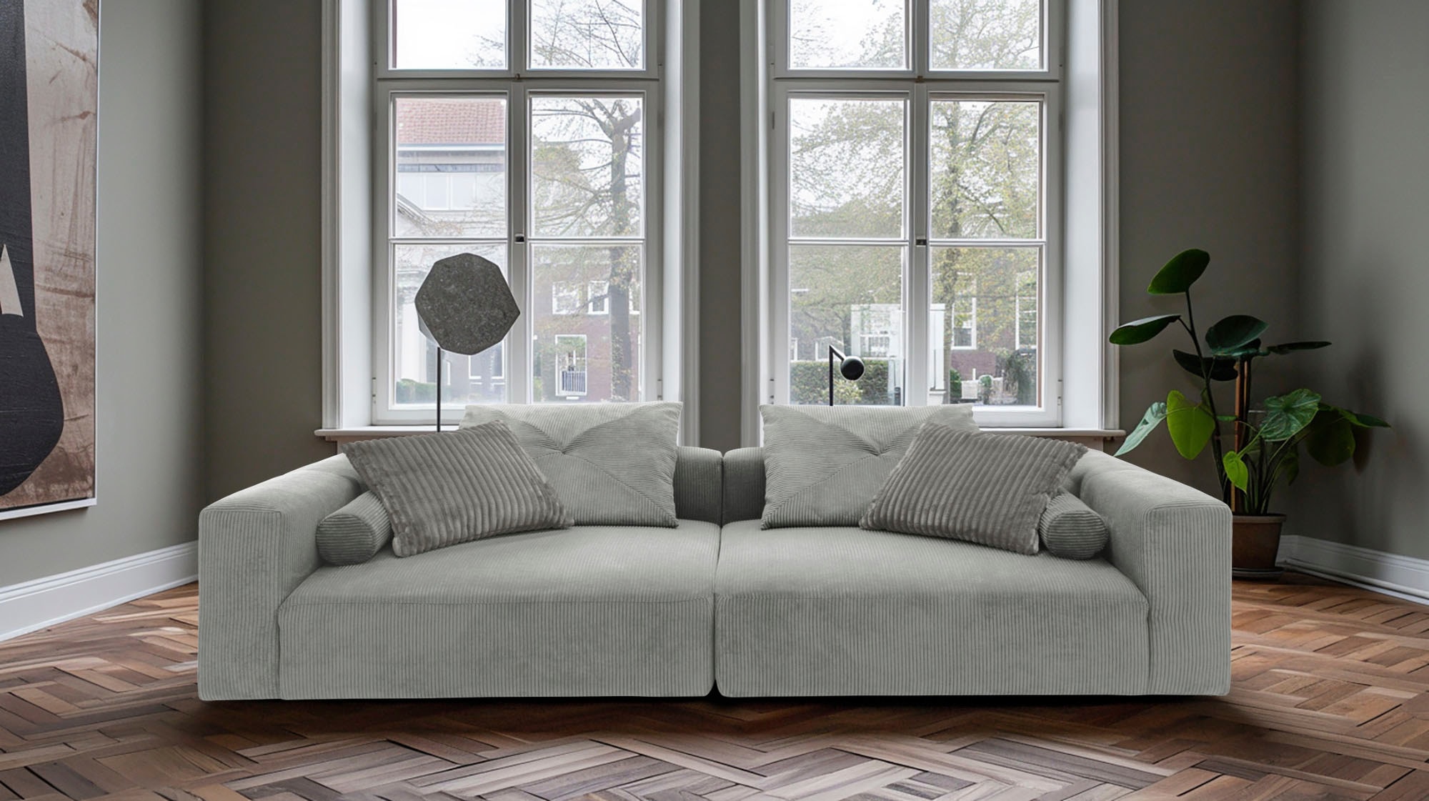 INOSIGN Big-Sofa "Suyana mit Federkern, B/T/H: 304/135/69 cm, Zierkissen + Kissenrollen", grosszügiges, gemütliches Mega