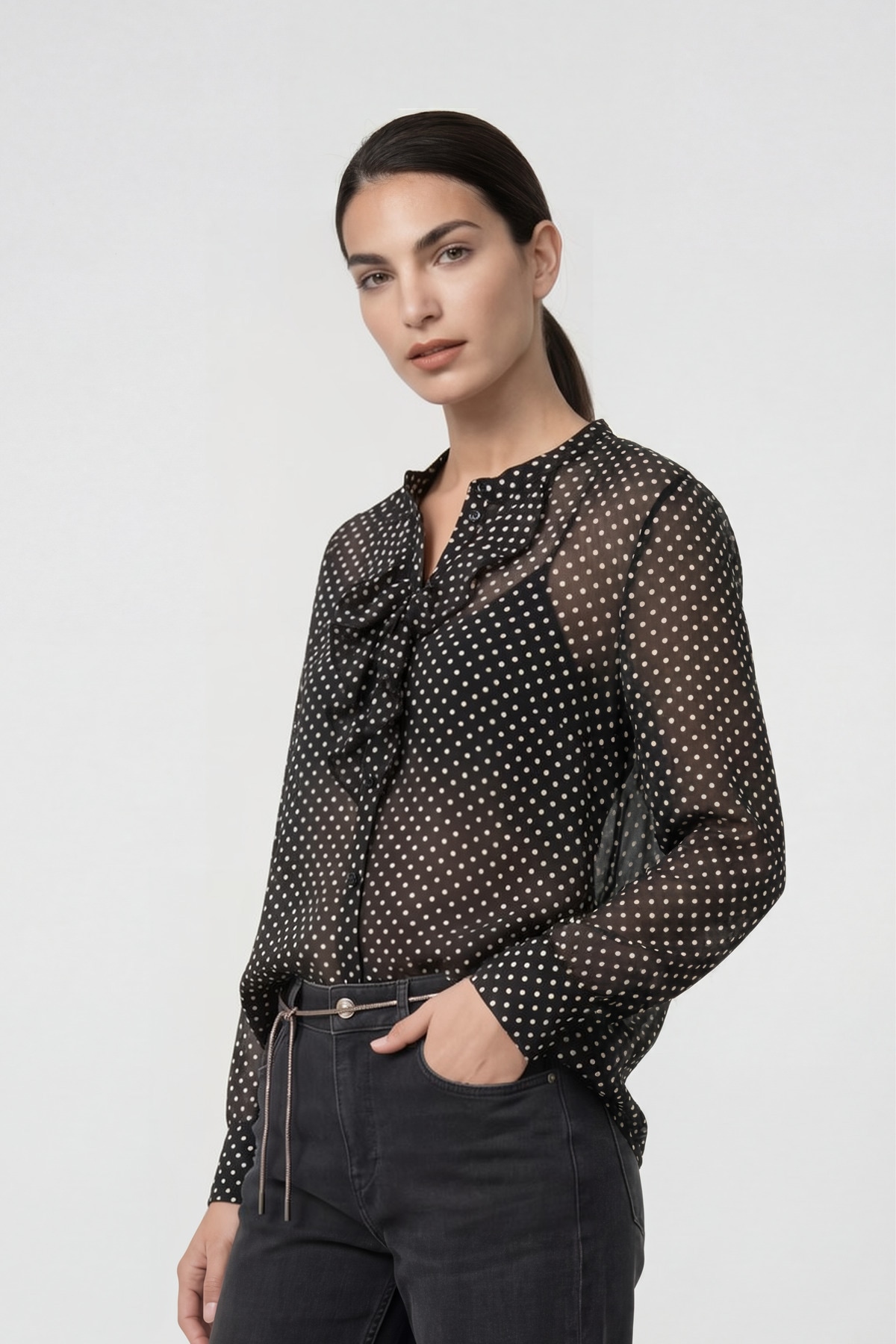 Monari Langarmbluse »Bluse Punktedruck allover« Regular fit mit Volants