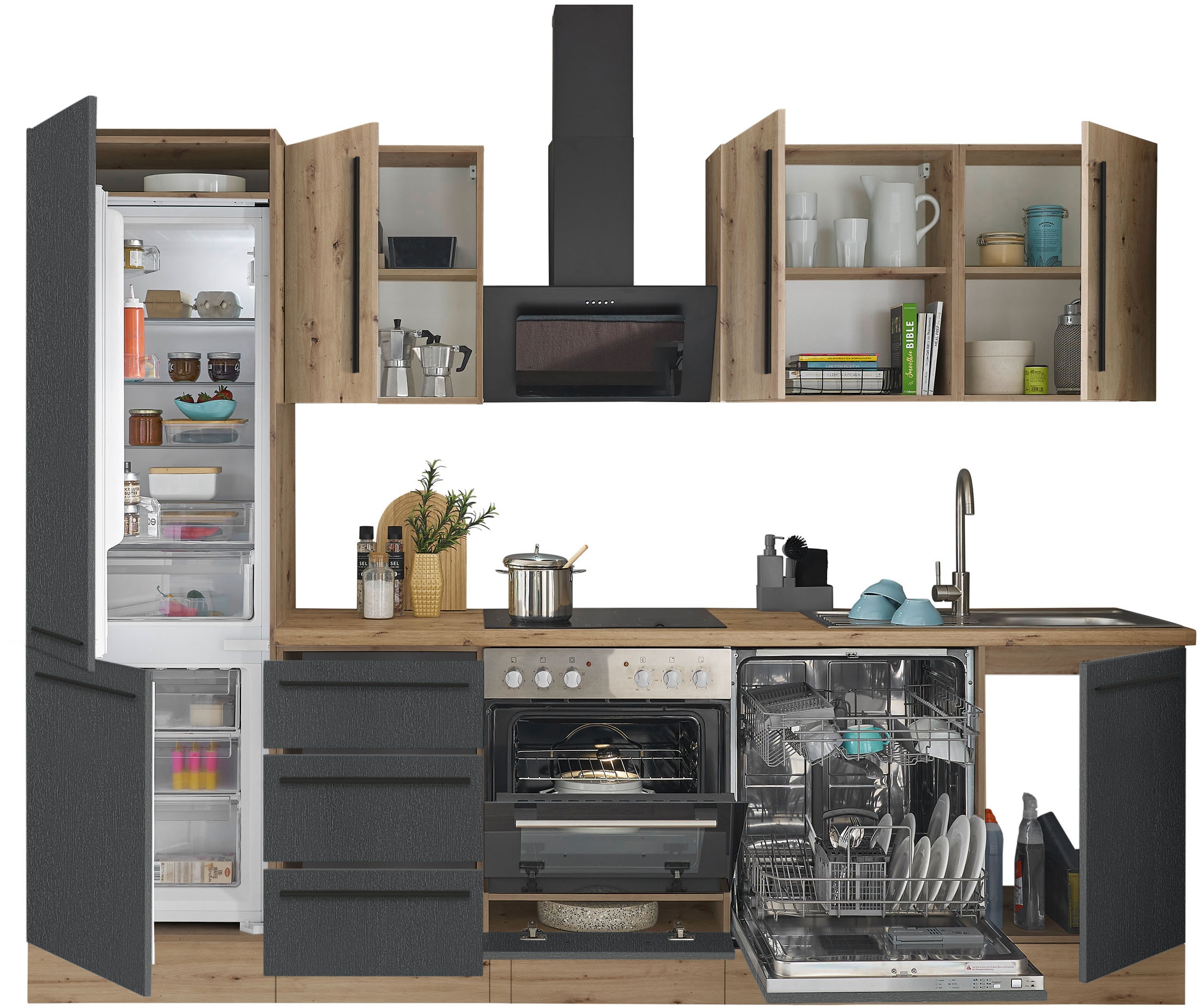 KOCHSTATION Küchenzeile »KS-Florida mit 38mm starker Arbeitsplatte«, Breite 280 cm, wahlweise mit E-Geräten, Soft-Close-Funktion