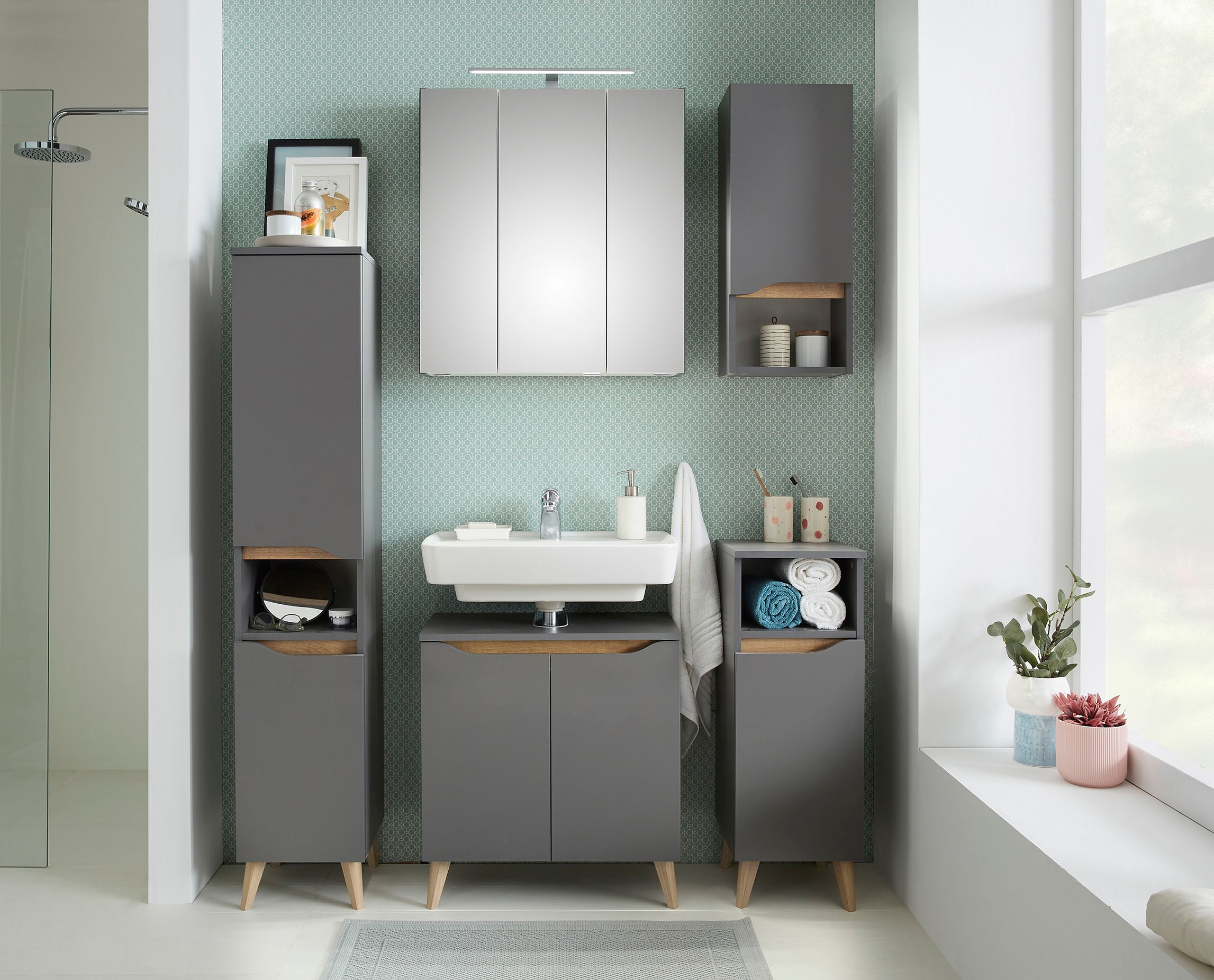 Saphir Badmöbel-Set »Quickset 5-teilig Waschbeckenunterschrank und LED-Spiegelschrank«, (5 St.), Midischrank, Unterschrank, Hängeschrank, inkl. Türdämpfer, 9 Türen