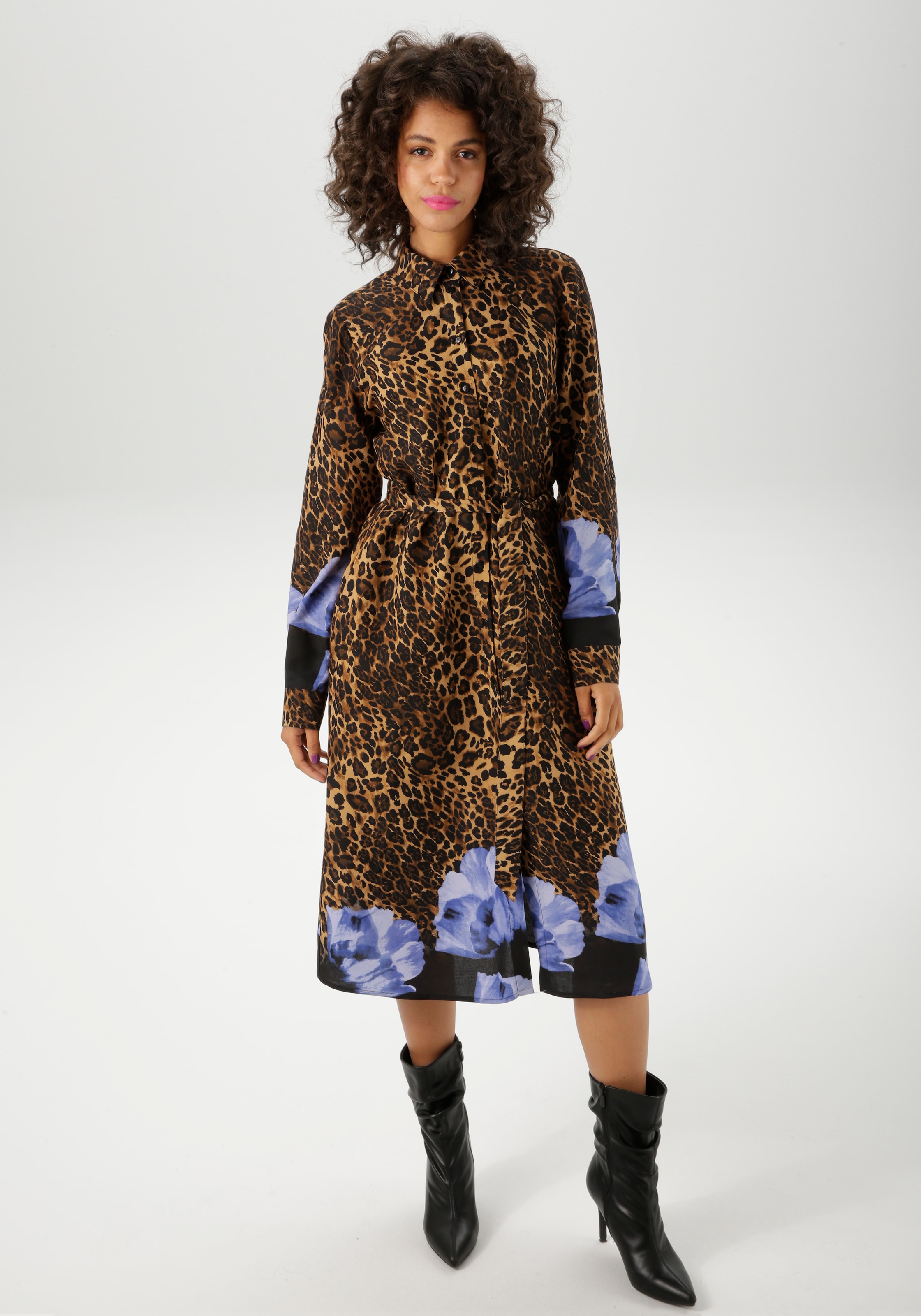 Aniston CASUAL Blusenkleid, (mit abnehmbarem Bindegürtel), mit Blüten-Bordüre und Leo-Print - NEUE KOLLEKTION