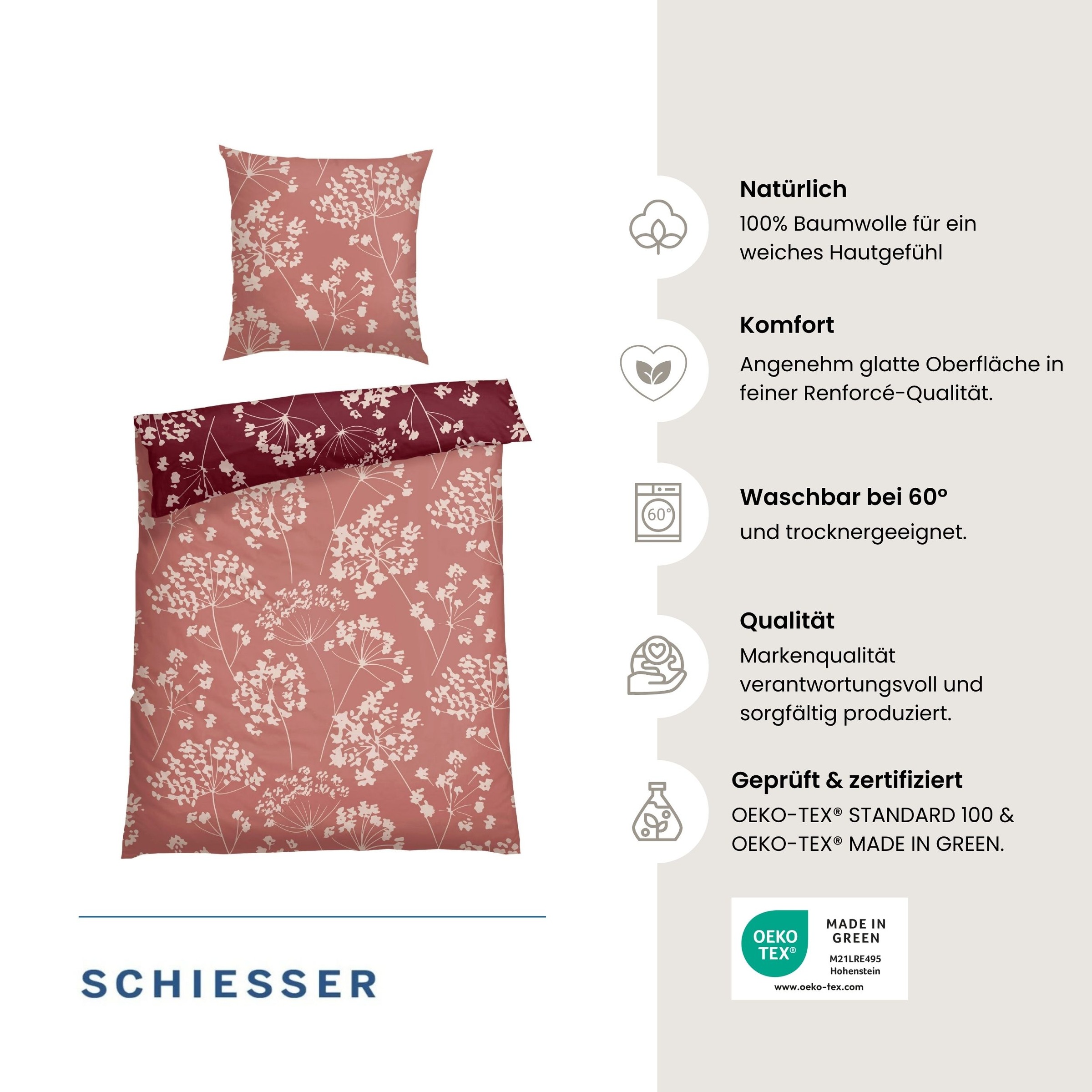 Schiesser Wendebettwäsche »Alyssa aus weicher Baumwolle mit feinen Blüten bedruckt« 2 Stk. OEKO-TEX® MADE IN GREEN