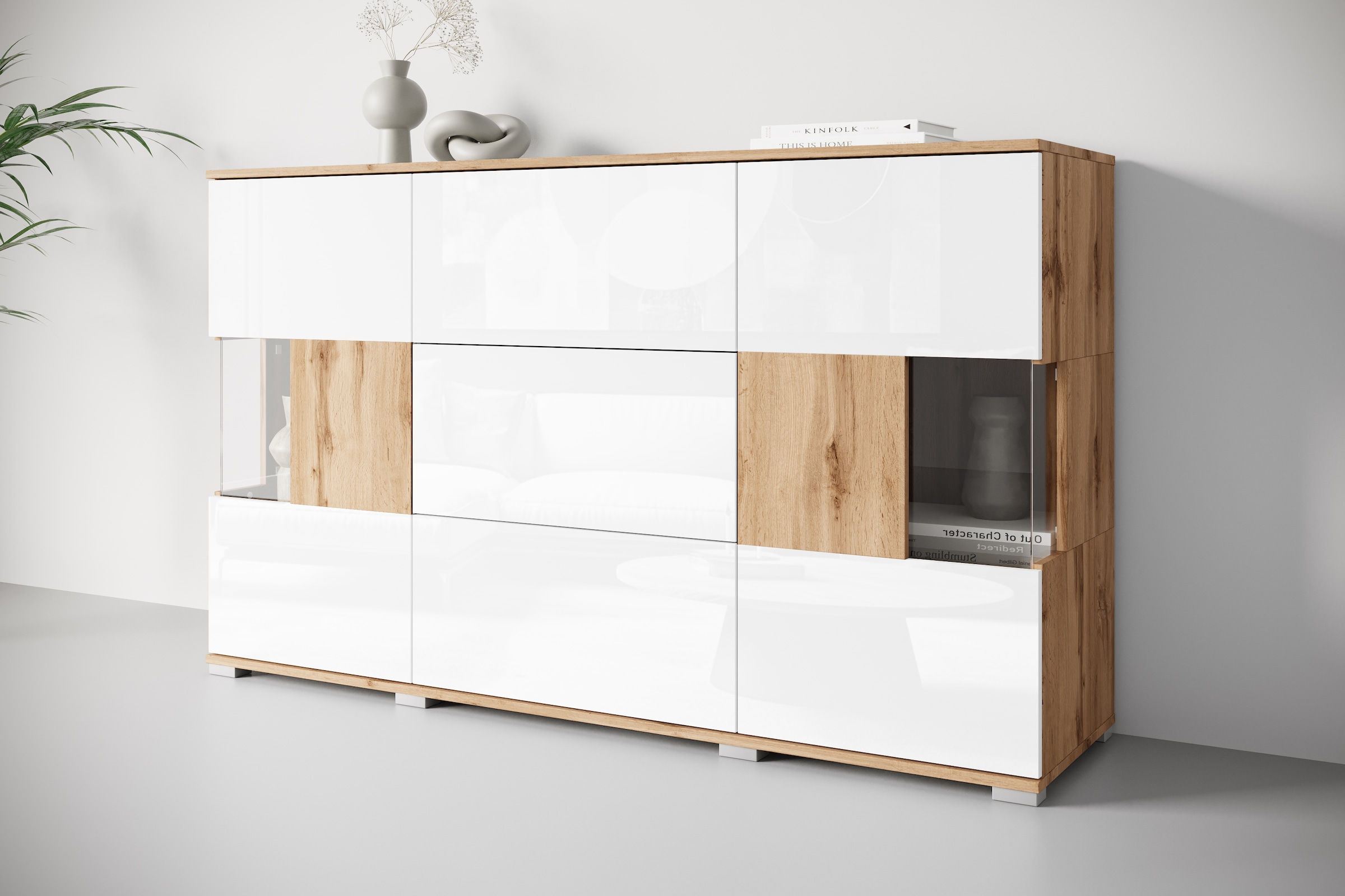 OTTO home Sideboard "Kenia" 1 Stk. tlg. Sideboard mit 3 Schubladen, 6 Fächern, Glastüren, Breite 150 cm