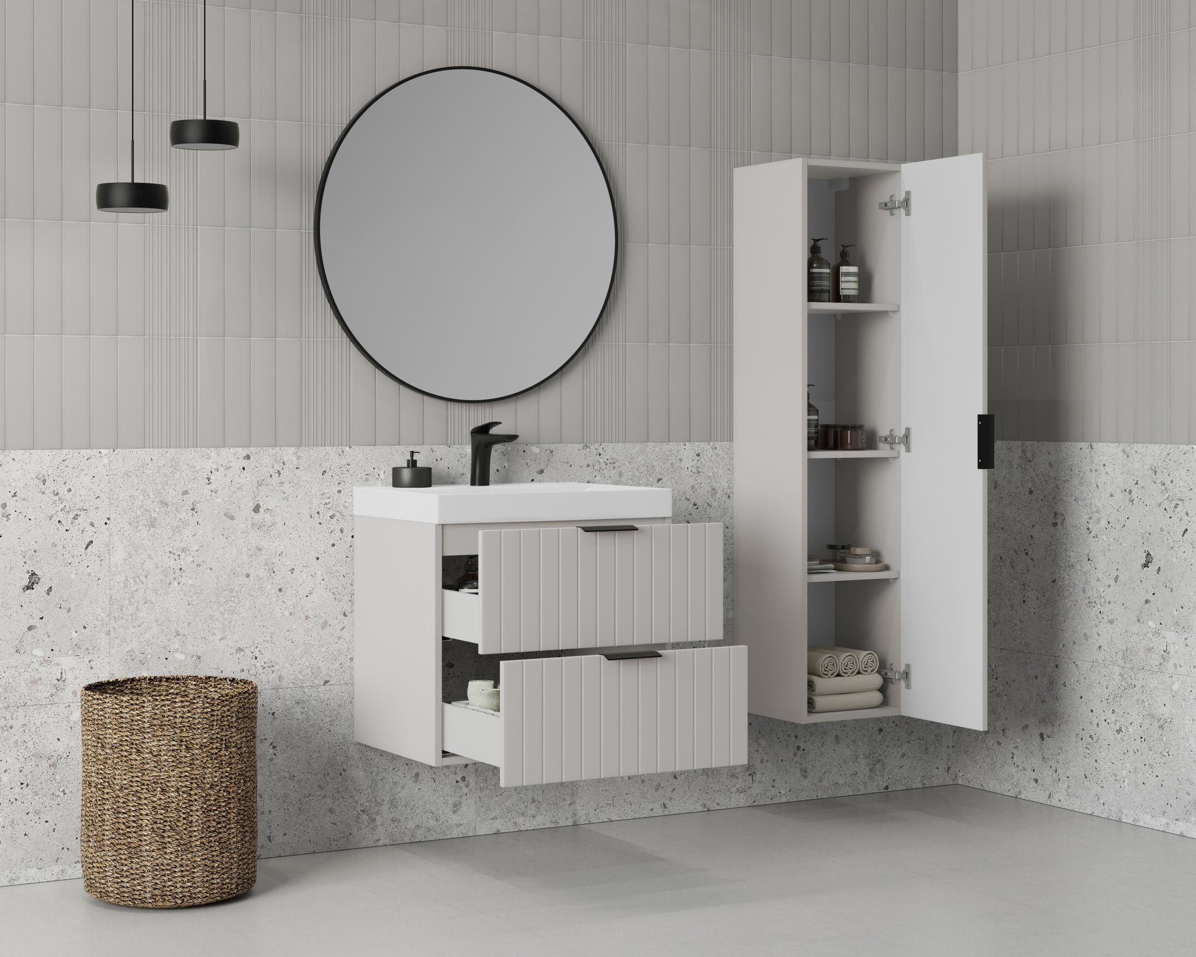 welltime Waschtisch »HARMONY mit Waschbecken, Breite 60 oder 80cm, modernes Design« Schrank mit 2 Schubladen, Soft-Close-Function, Paneeloptik